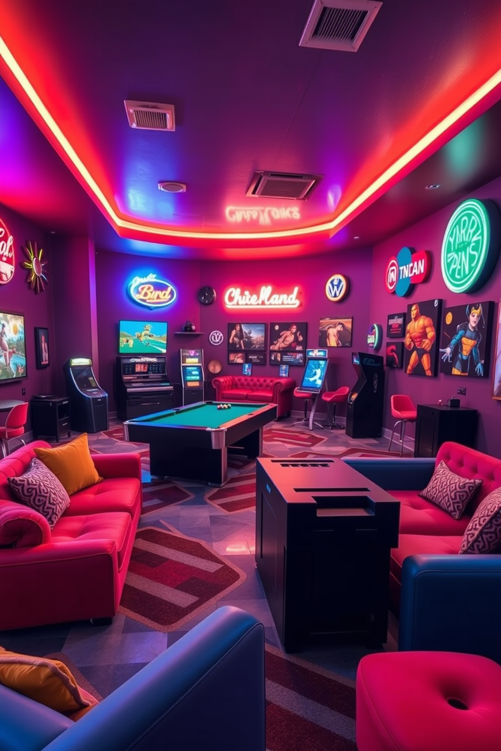 A vibrant game room featuring colorful rugs that delineate distinct gaming zones. The space is filled with comfortable seating, playful wall art, and state-of-the-art gaming equipment.