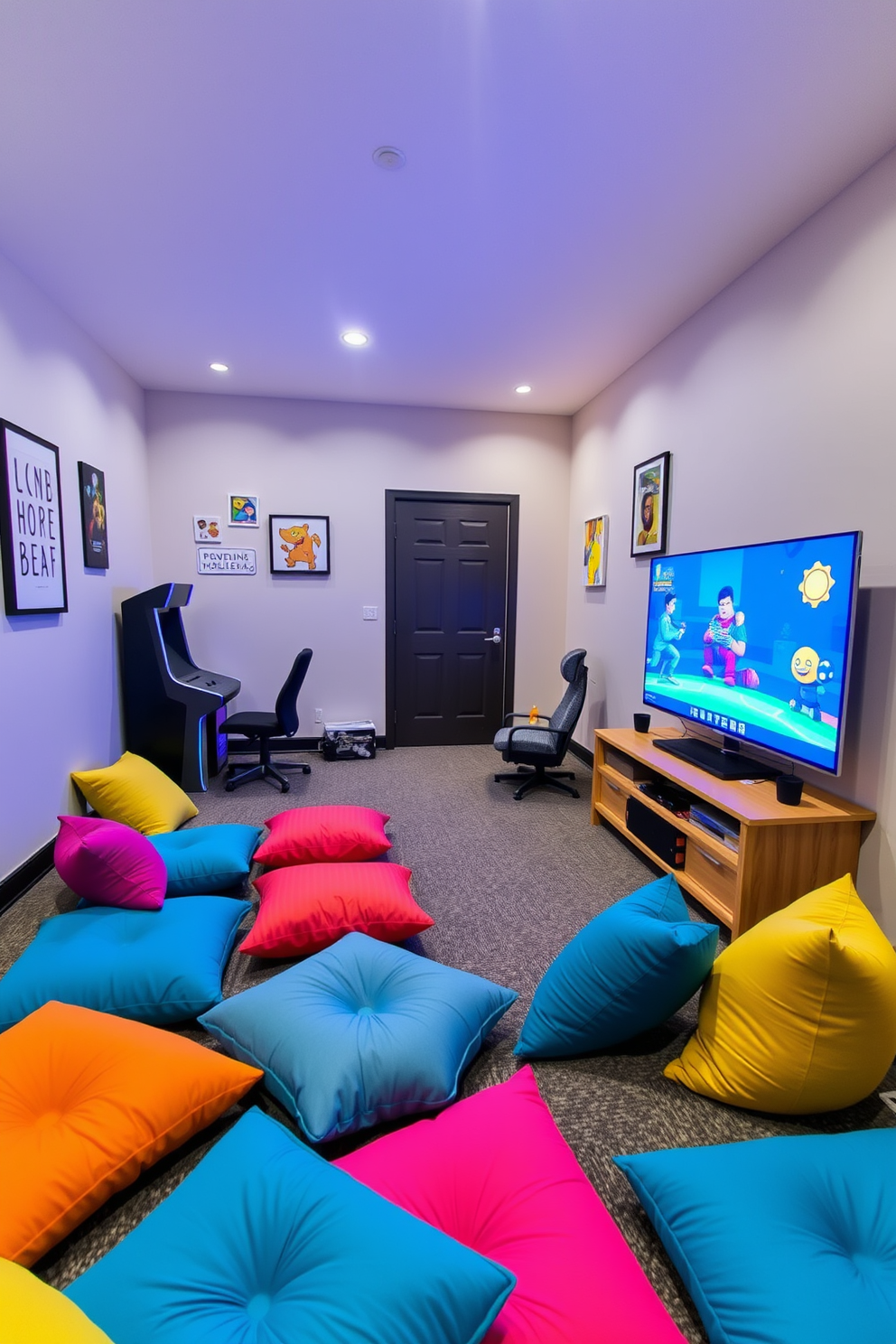 A modern game room features a cozy atmosphere with vibrant floor cushions scattered around for casual seating. The walls are adorned with playful artwork, and a sleek gaming console is positioned against one side, complemented by a large flat-screen TV.