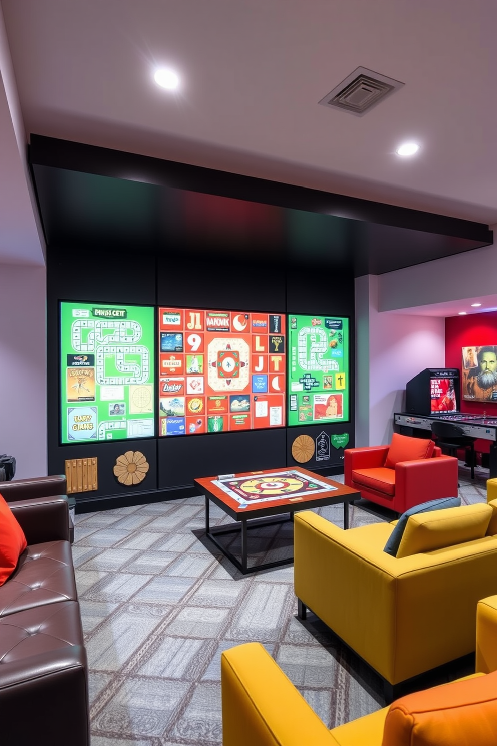 A modern game room featuring an interactive wall designed for board games. The room is filled with comfortable seating, vibrant colors, and ambient lighting to create an inviting atmosphere.