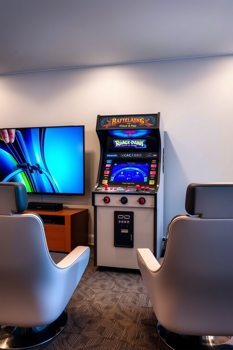 A vintage arcade machine stands as the decor centerpiece in a modern game room. Surrounding it are sleek gaming chairs and a large flat-screen TV mounted on the wall, creating an inviting atmosphere for entertainment.