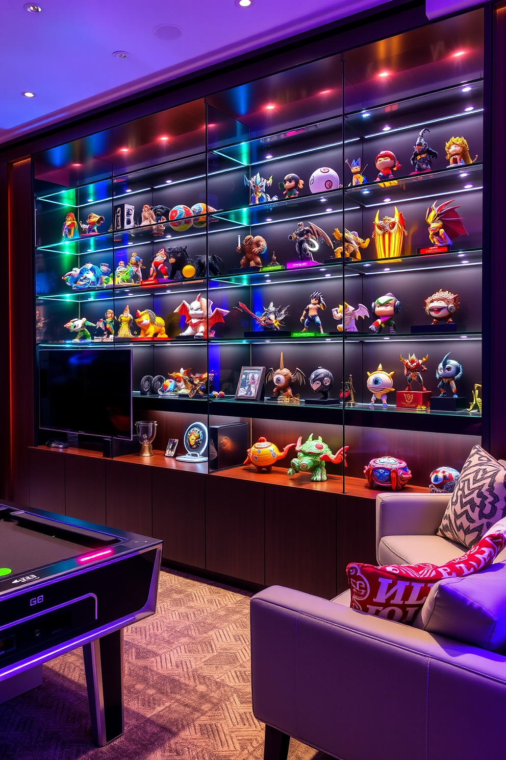 A modern game room features sleek glass shelves that elegantly showcase a collection of unique collectibles. The room is designed with a contemporary aesthetic, incorporating a comfortable seating area and vibrant lighting to enhance the gaming experience.