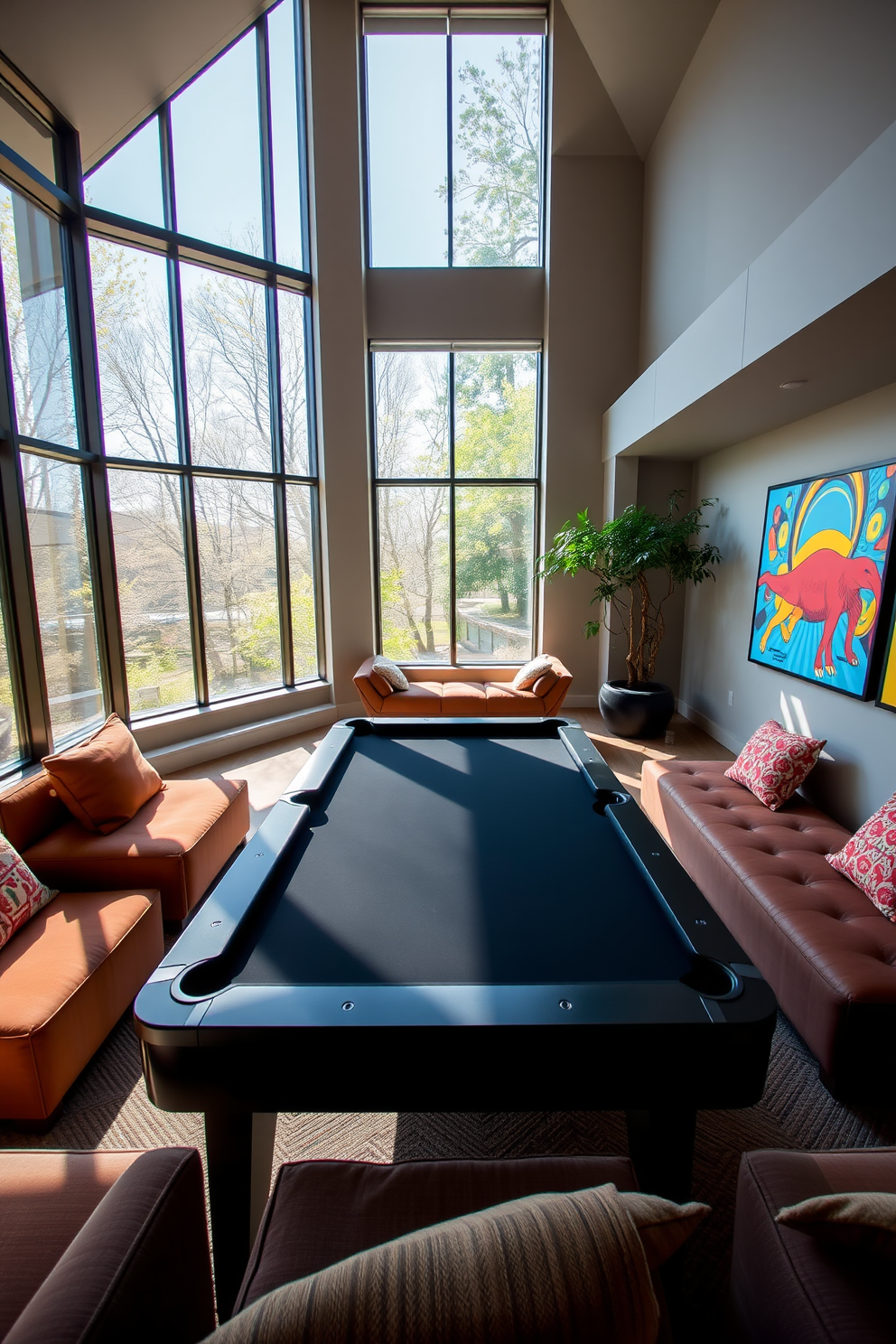 A modern game room designed to maximize fun and relaxation with natural light streaming through large windows. The space features a sleek pool table at the center, surrounded by plush seating and vibrant artwork that reflects a playful atmosphere.