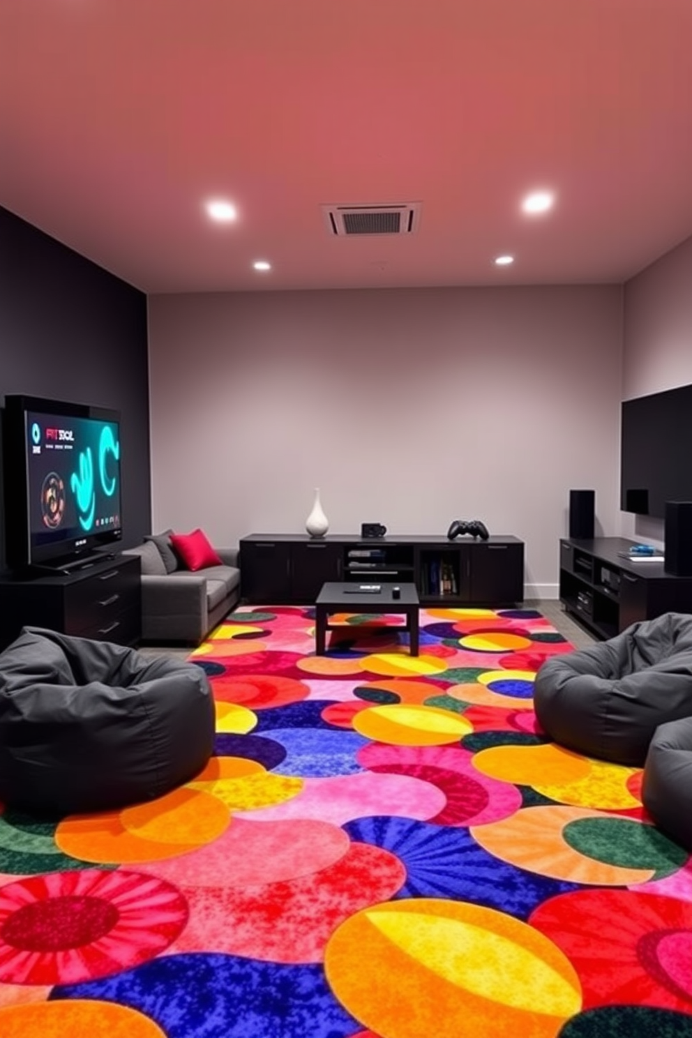 A modern game room featuring a vibrant rug with bold colors that adds warmth to the space. The room includes comfortable seating options like a sectional sofa and bean bags, alongside a large entertainment center for gaming.