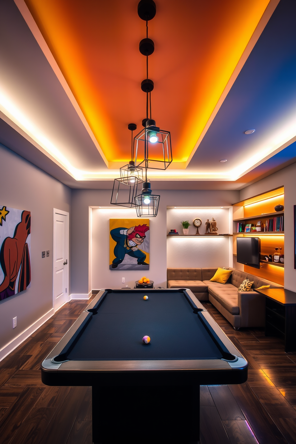 A modern game room featuring unique lighting fixtures that enhance the overall aesthetic. The space includes a sleek pool table, a comfortable sectional sofa, and vibrant wall art that reflects a playful atmosphere. The lighting consists of pendant lights with geometric designs and LED strip lights along the shelves. A combination of warm and cool tones creates an inviting ambiance for both gaming and socializing.