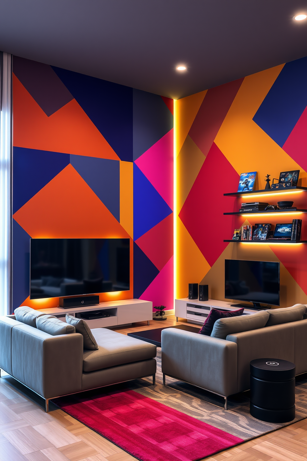 A modern game room featuring bold accent walls adorned with vibrant gaming graphics. The space includes a large sectional sofa facing a sleek entertainment center with a big screen TV and ambient lighting.