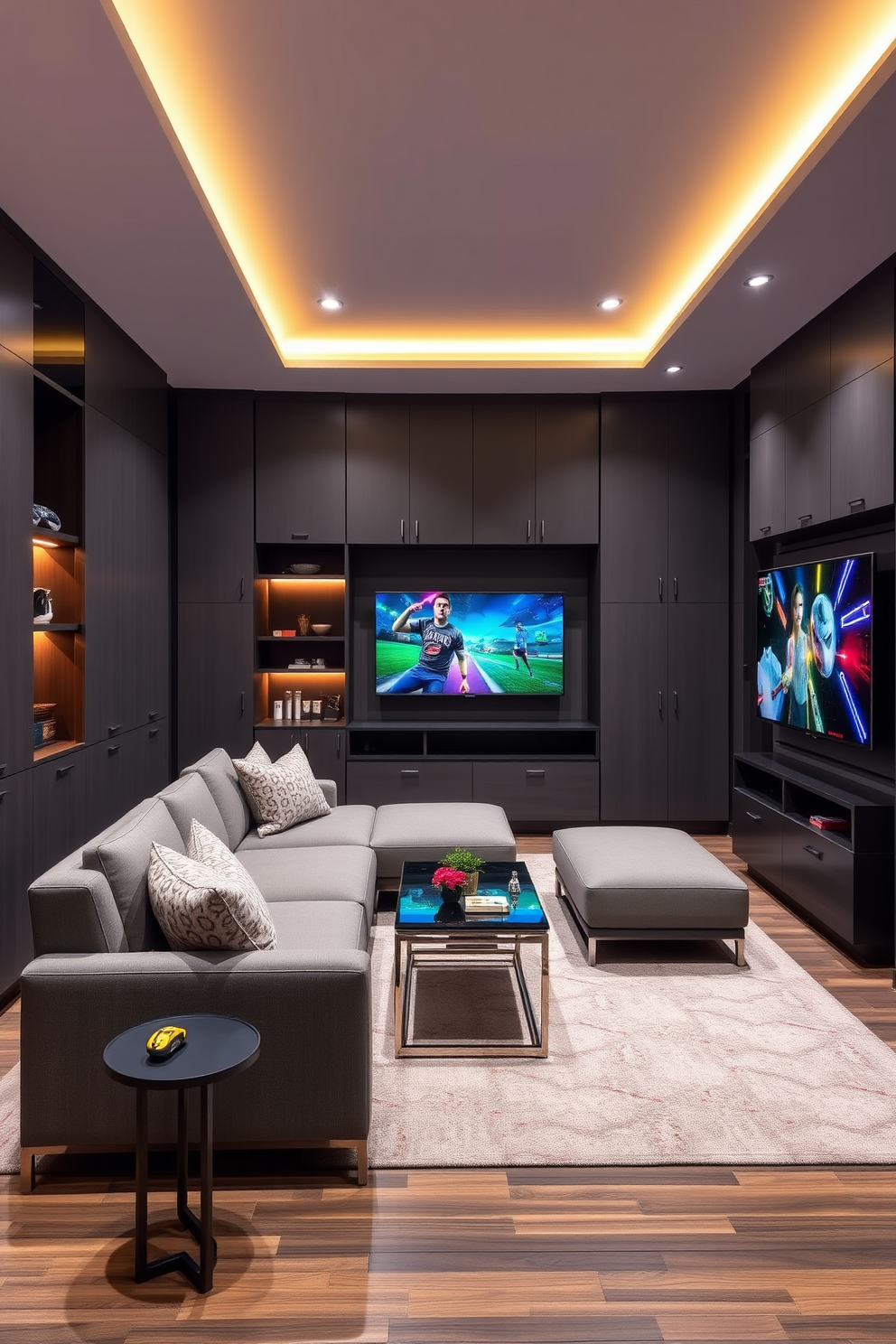 A modern game room featuring a sleek mini fridge designed for snacks and drinks. The space is equipped with a comfortable sectional sofa and a large flat-screen TV mounted on the wall. Bright LED strip lights outline the ceiling, creating a vibrant atmosphere. A stylish coffee table sits in the center, surrounded by gaming chairs and a plush area rug.