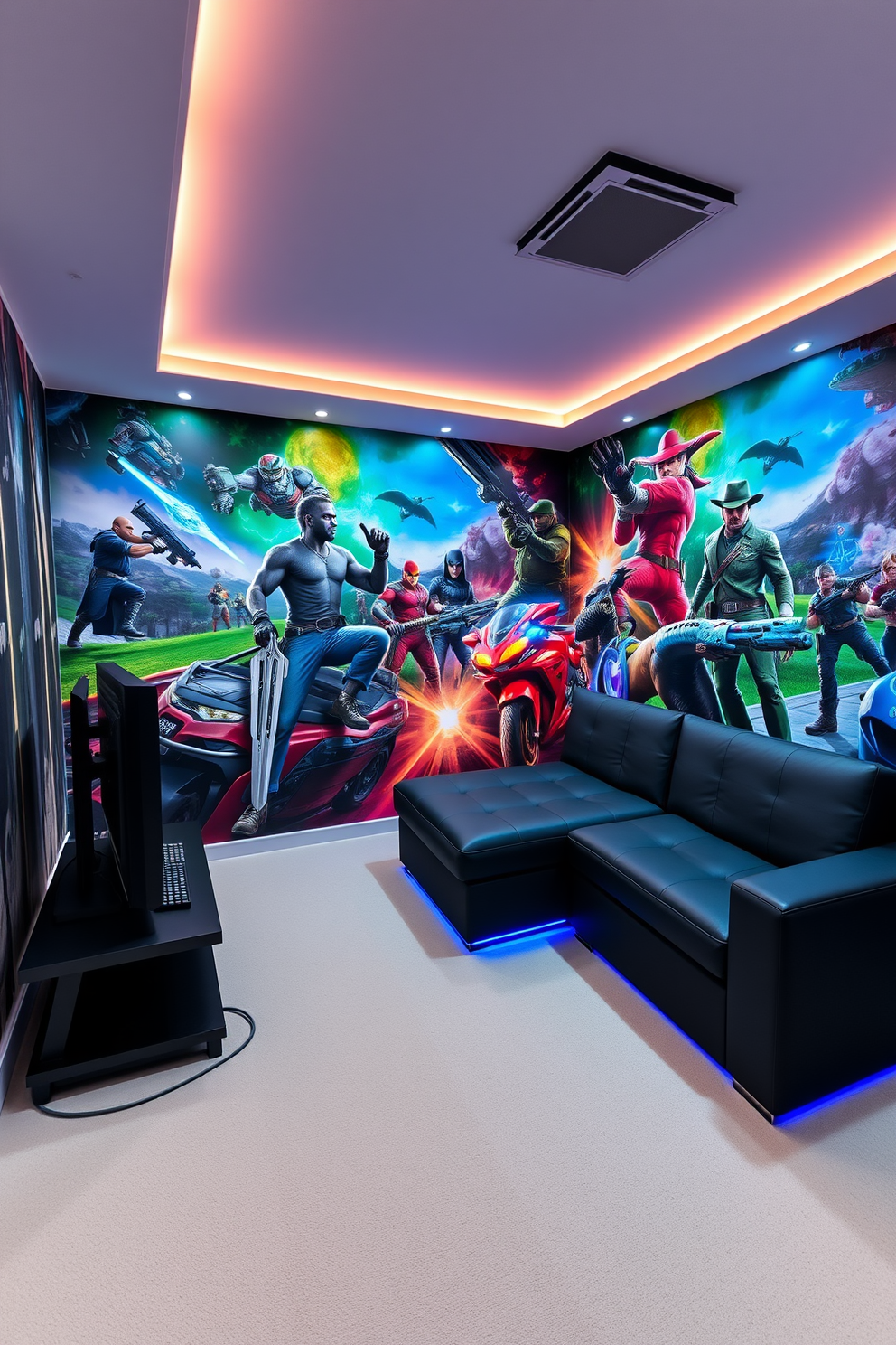 A cozy game room features an array of colorful floor cushions arranged in a casual seating area. The cushions are complemented by a low wooden coffee table and a large flat-screen TV mounted on the wall. The walls are adorned with playful artwork and shelves filled with board games and gaming consoles. Soft ambient lighting creates a relaxed atmosphere, perfect for entertaining friends and family.