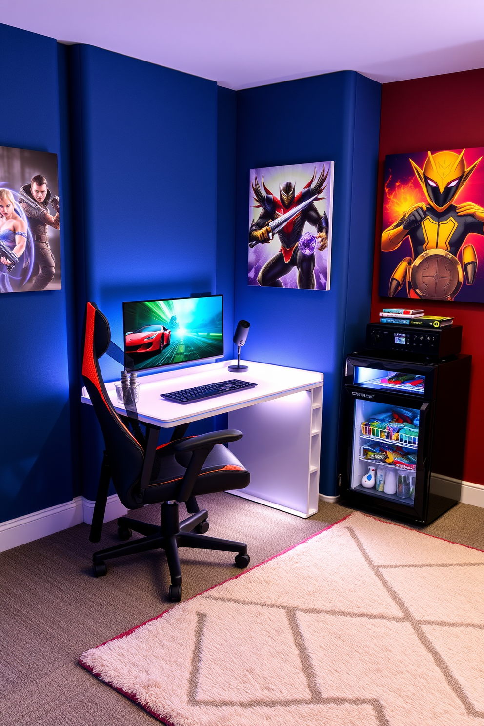 A sleek portable gaming station is set up in a contemporary game room. It features a compact desk with built-in LED lighting and ergonomic gaming chair, surrounded by soundproof wall panels in a deep blue hue. The room is accented with vibrant wall art showcasing popular video game characters. A plush area rug in geometric patterns adds comfort, while a mini fridge stocked with snacks is conveniently placed nearby.