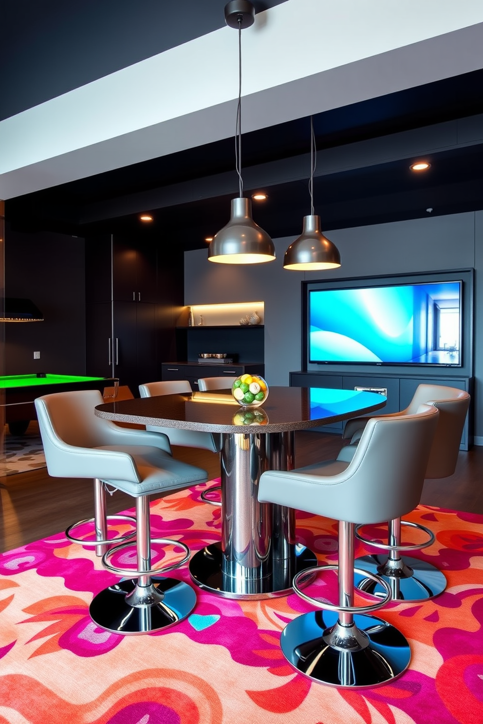 A stylish bar cart for refreshments. The cart is made of polished brass with a glass top and features an array of colorful bottles and elegant glassware. Modern game room design ideas. The room includes a sleek pool table, comfortable sectional seating, and a large wall-mounted television for gaming and entertainment.