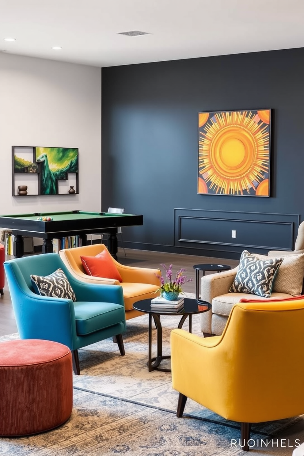 A modern game room designed for ultimate entertainment features sleek acoustic panels strategically placed on the walls to enhance sound quality. The room is filled with comfortable seating options, a large screen for gaming, and vibrant LED lighting that sets the mood for fun and relaxation.