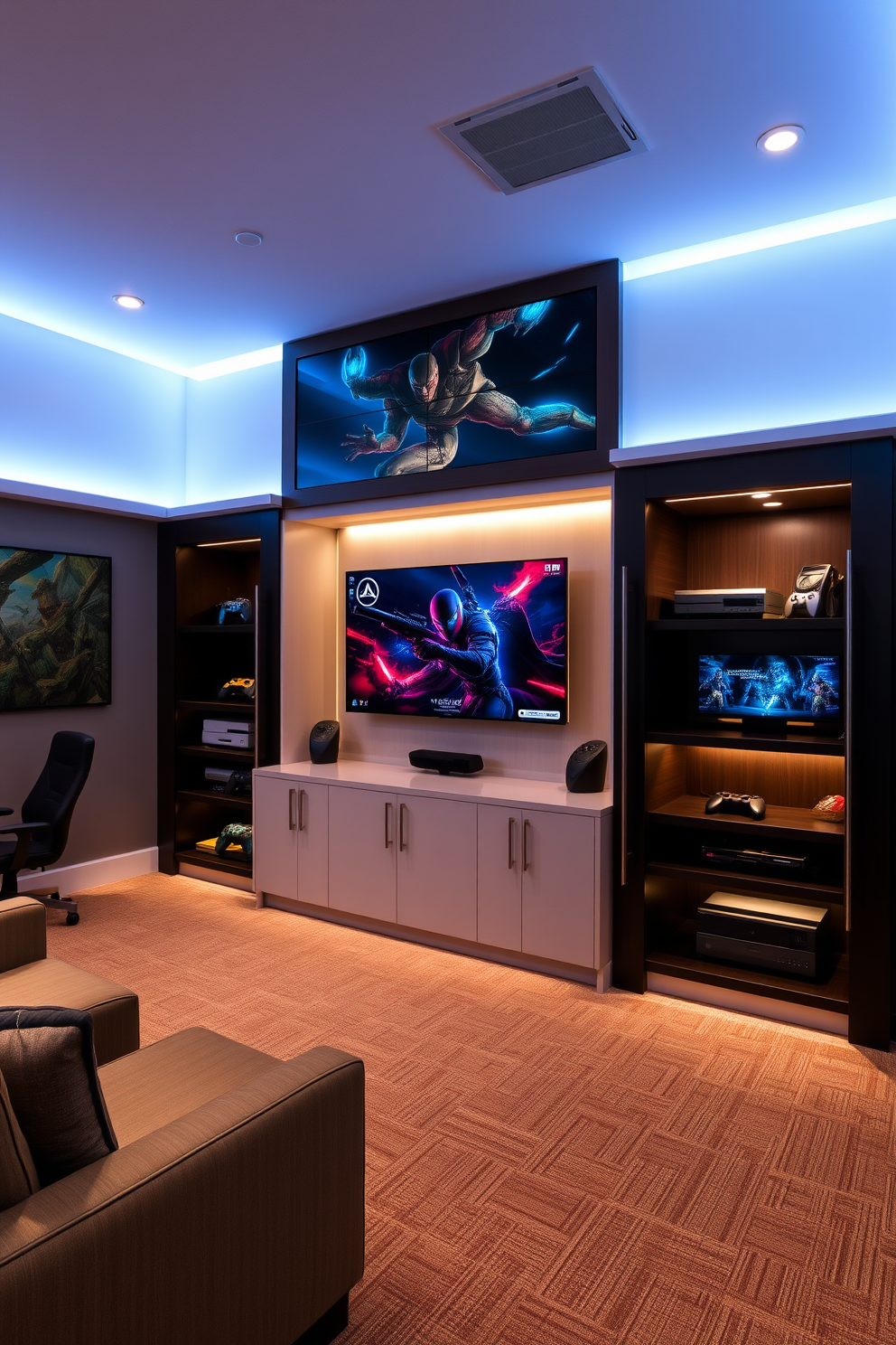 A stylish game room featuring innovative storage solutions for gaming consoles. The room includes sleek cabinetry that blends seamlessly with the decor, allowing for organized and hidden storage while maintaining a clean aesthetic. The space is designed with comfortable seating and ambient lighting to enhance the gaming experience. Walls are adorned with gaming-themed artwork, and a large screen is mounted for an immersive entertainment setup.