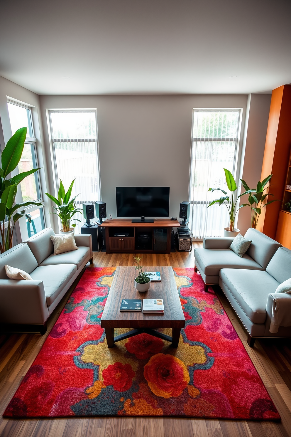 A modern game room featuring a sleek sectional sofa in a neutral color, paired with a vibrant area rug that adds a pop of color. Large windows allow natural light to fill the space, while potted plants are strategically placed in the corners to bring a fresh and lively atmosphere. The room includes a stylish gaming console setup with a large flat-screen TV mounted on the wall. A wooden coffee table sits in the center, adorned with magazines and a small indoor plant, creating a perfect balance between comfort and functionality.