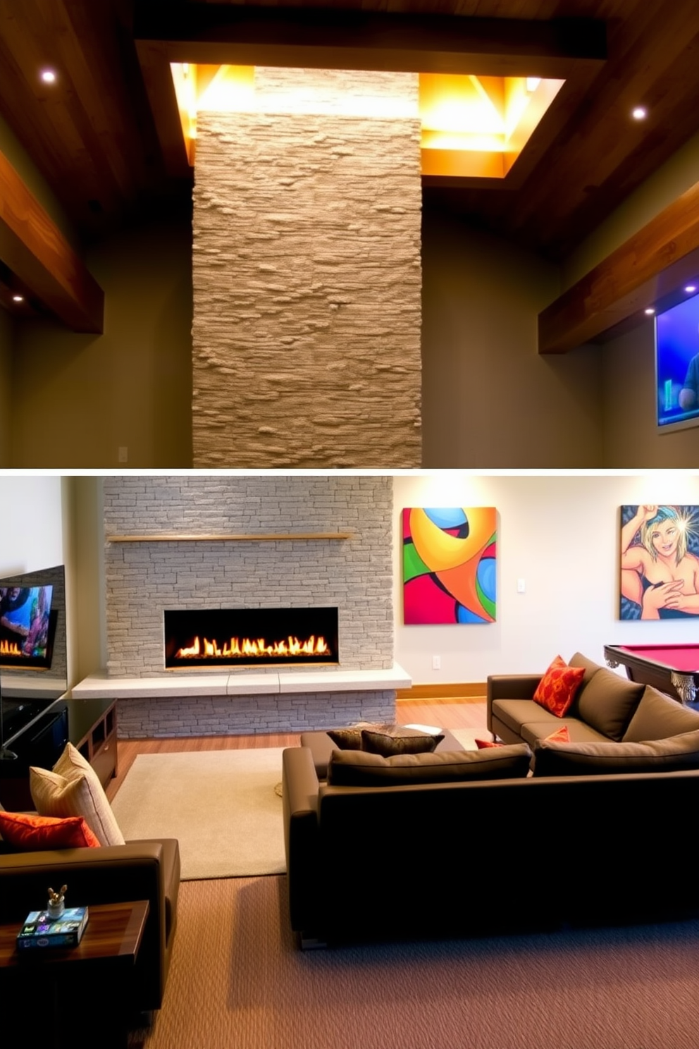 A modern fireplace is the centerpiece of a cozy living room. It features a sleek design with a linear shape and is surrounded by a stone facade that complements the warm wooden accents. The game room is designed for entertainment and relaxation. It includes a plush sectional sofa, a large flat-screen TV, and a pool table, all set against a backdrop of vibrant wall art and ambient lighting.