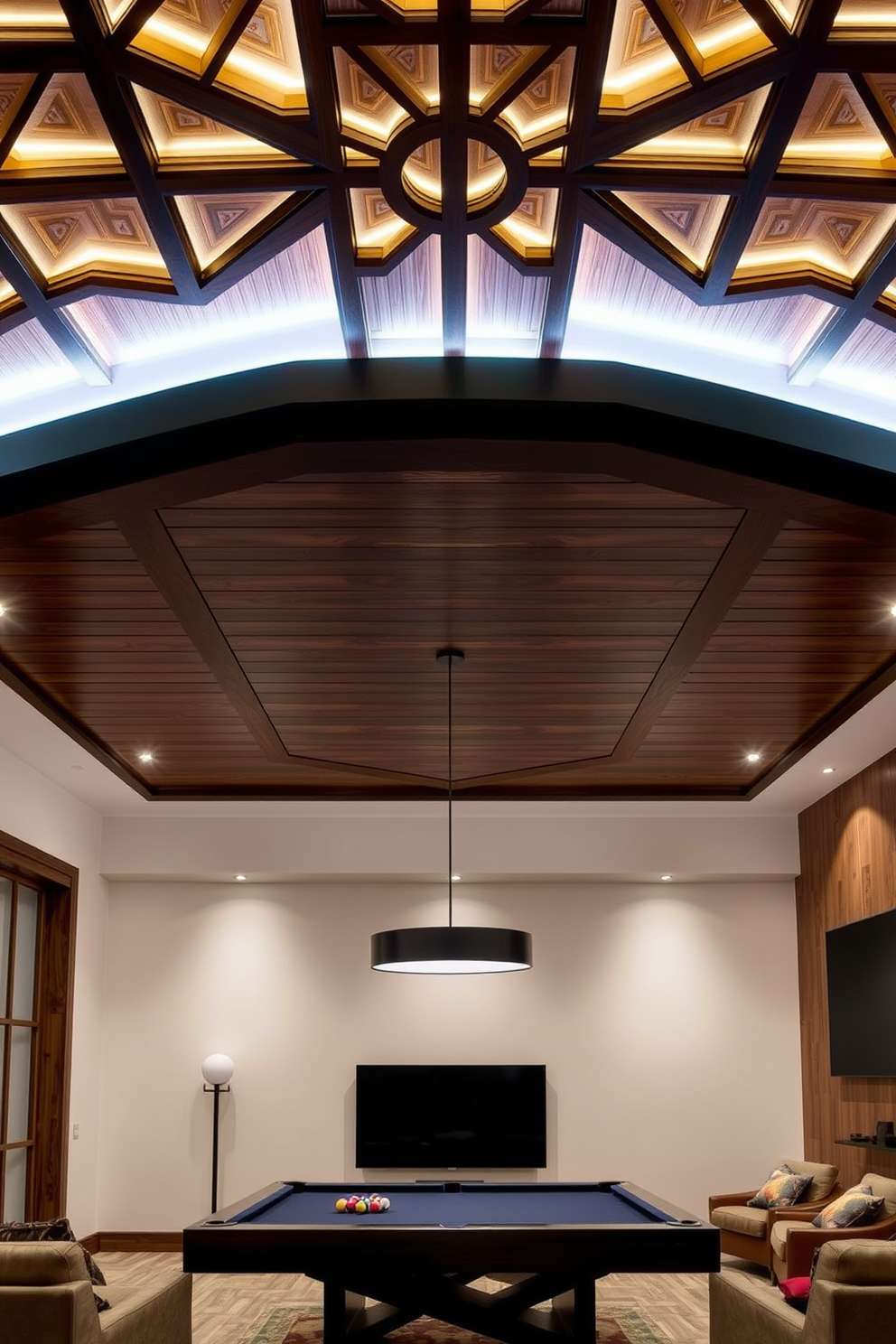 Artistic ceiling design for interest. The ceiling features intricate wood paneling with ambient lighting that highlights its unique geometric patterns. Modern Game Room Design Ideas. The space includes a sleek pool table surrounded by comfortable seating and a large wall-mounted screen for gaming and entertainment.