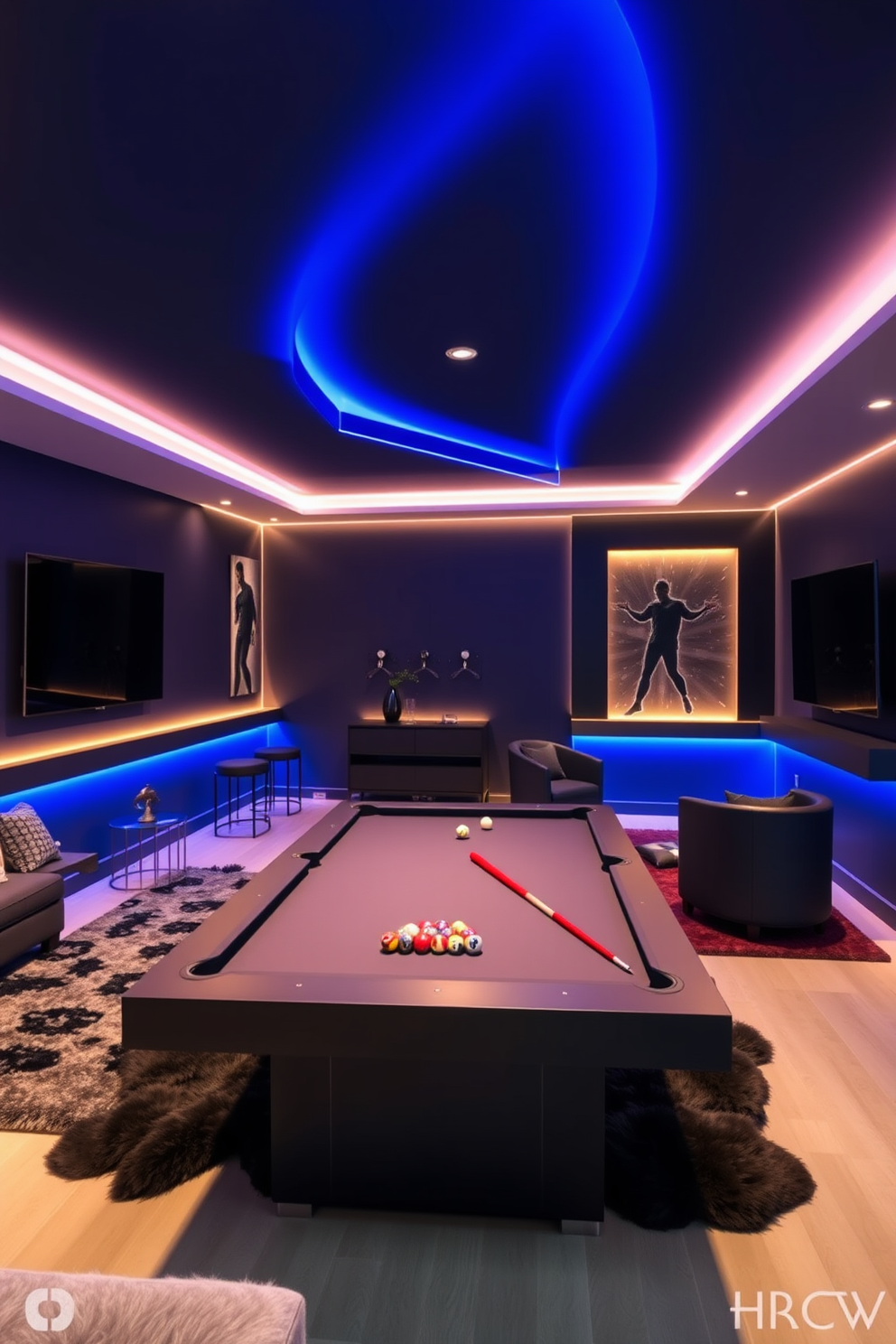 A modern game room featuring integrated LED lighting that creates a vibrant atmosphere. The space includes a sleek pool table, comfortable seating, and a large flat-screen TV mounted on the wall. The walls are painted in a deep navy blue, enhancing the room's modern aesthetic. Plush rugs and stylish decor pieces are strategically placed to add warmth and character.