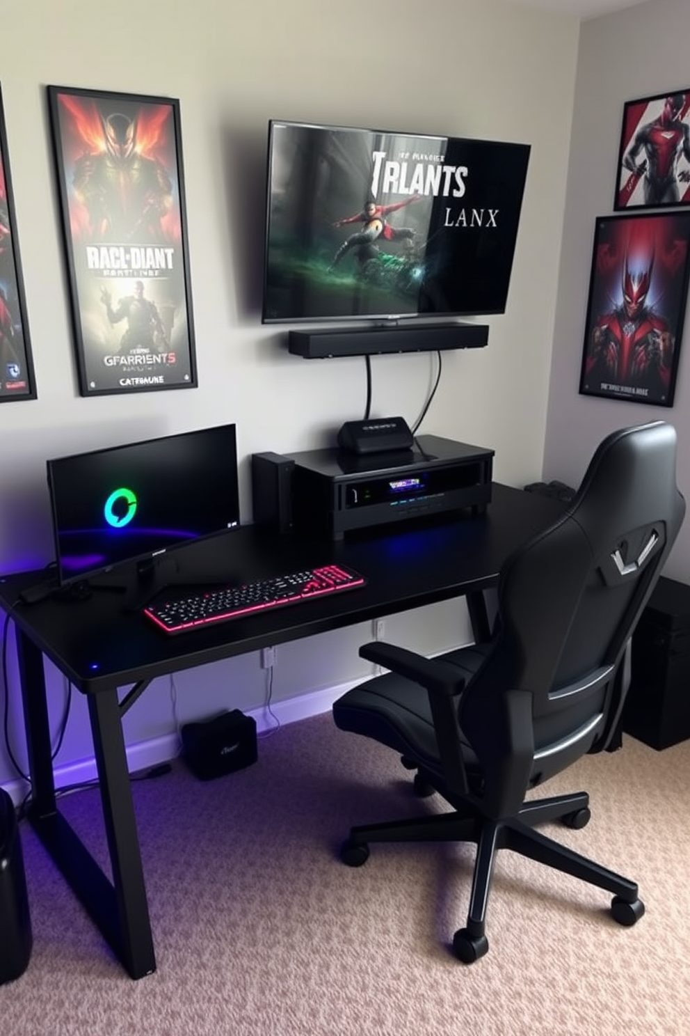 A personalized gaming area featuring a sleek black gaming desk with RGB lighting and a comfortable ergonomic chair. The walls are adorned with framed posters of popular video games, and a large flat-screen TV is mounted above a stylish media console.