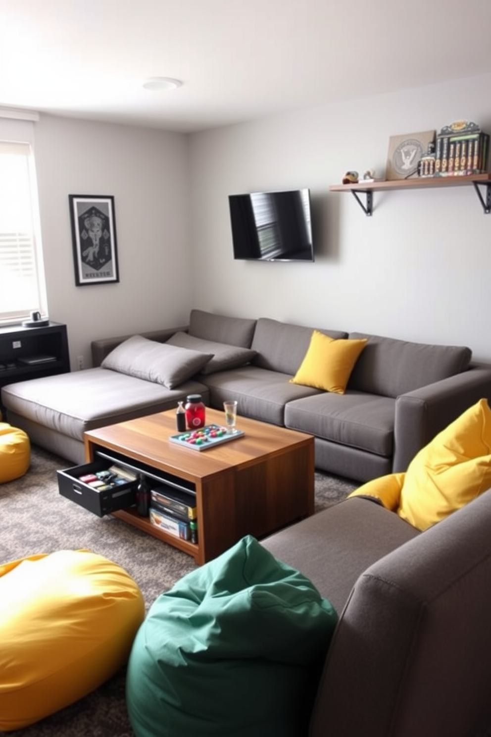 A sleek sectional sofa doubles as a bed, providing comfort and functionality in a stylish game room. A coffee table with hidden storage keeps the space organized while offering a place for snacks and drinks during game nights. Brightly colored bean bags add a playful touch and can easily be moved around for extra seating. A wall-mounted shelf displays games and collectibles, ensuring everything is within reach while maintaining a clean aesthetic.