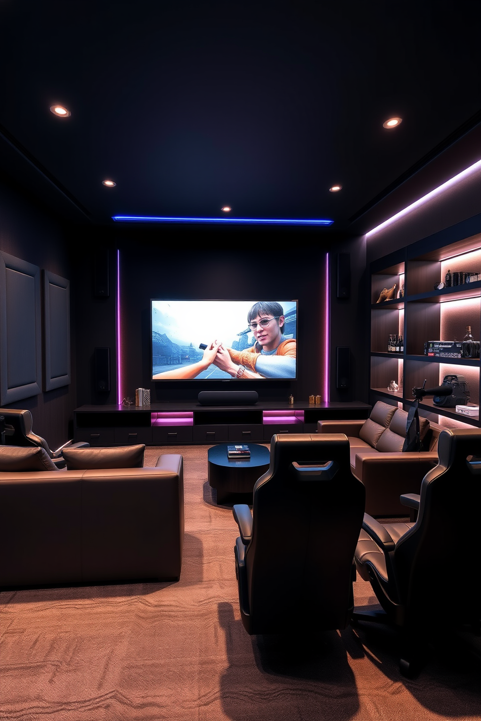 A modern game room featuring a large wall-mounted TV as the centerpiece. The room is designed with sleek furniture, comfortable seating, and ambient lighting to create an inviting atmosphere for gaming.