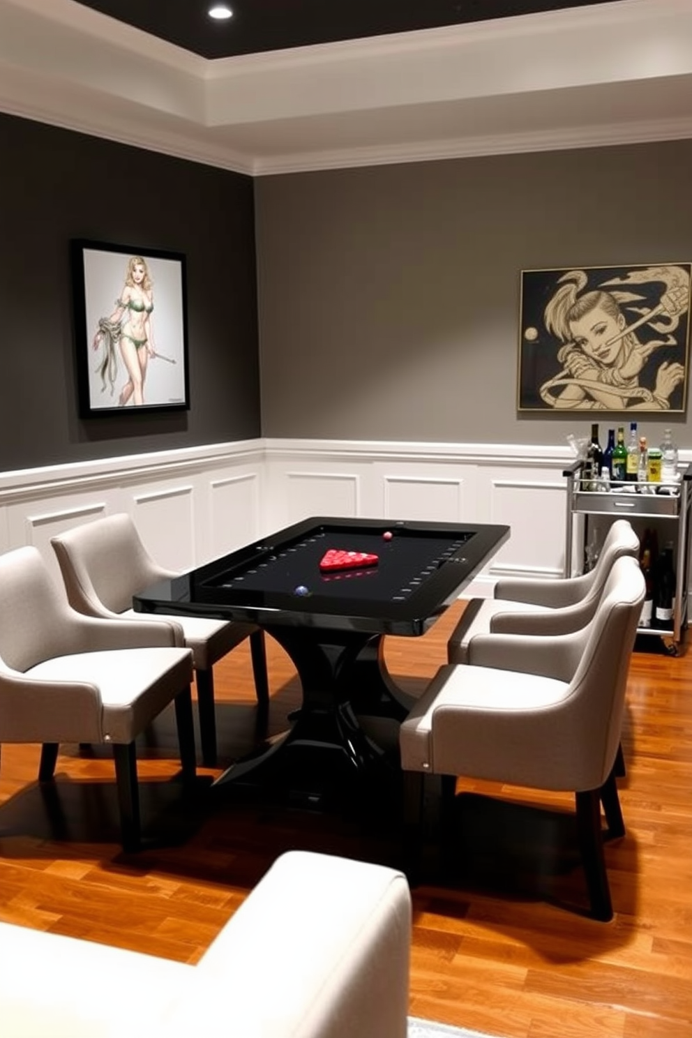 A sleek game table with a polished black finish stands at the center of the room surrounded by comfortable upholstered chairs. The walls are adorned with contemporary artwork and the lighting is soft, creating an inviting atmosphere for friends and family to gather. The flooring features a rich hardwood that complements the modern design elements throughout the space. A stylish bar cart is positioned nearby, stocked with an array of drinks and snacks for entertaining guests during game nights.