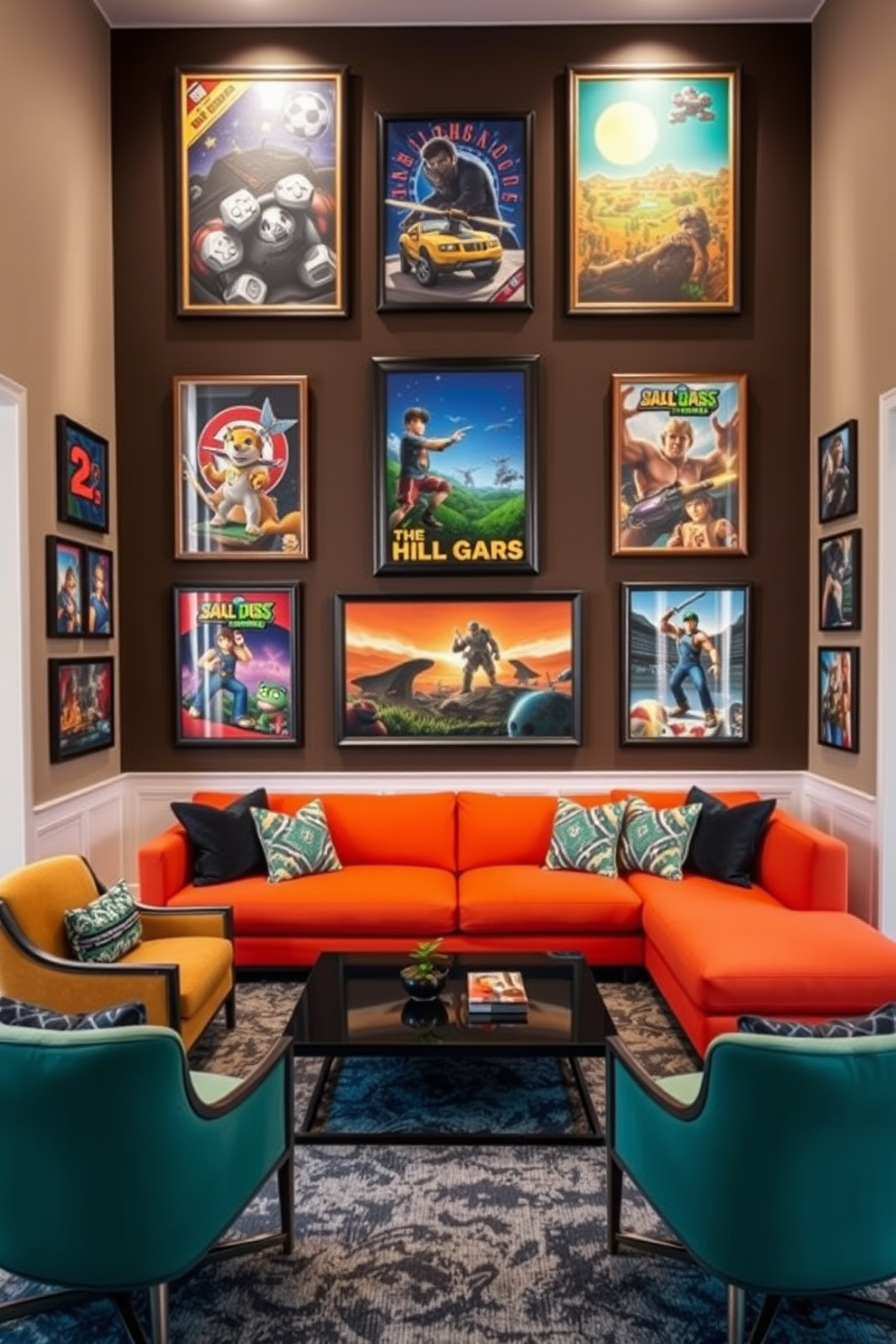 A vibrant game room featuring wall art inspired by popular video games. The walls are adorned with framed prints of iconic gaming characters and landscapes, creating an immersive atmosphere. The room includes a comfortable sectional sofa in a bold color, perfect for lounging during gaming sessions. A sleek coffee table sits in front, surrounded by stylish accent chairs that complement the overall theme.