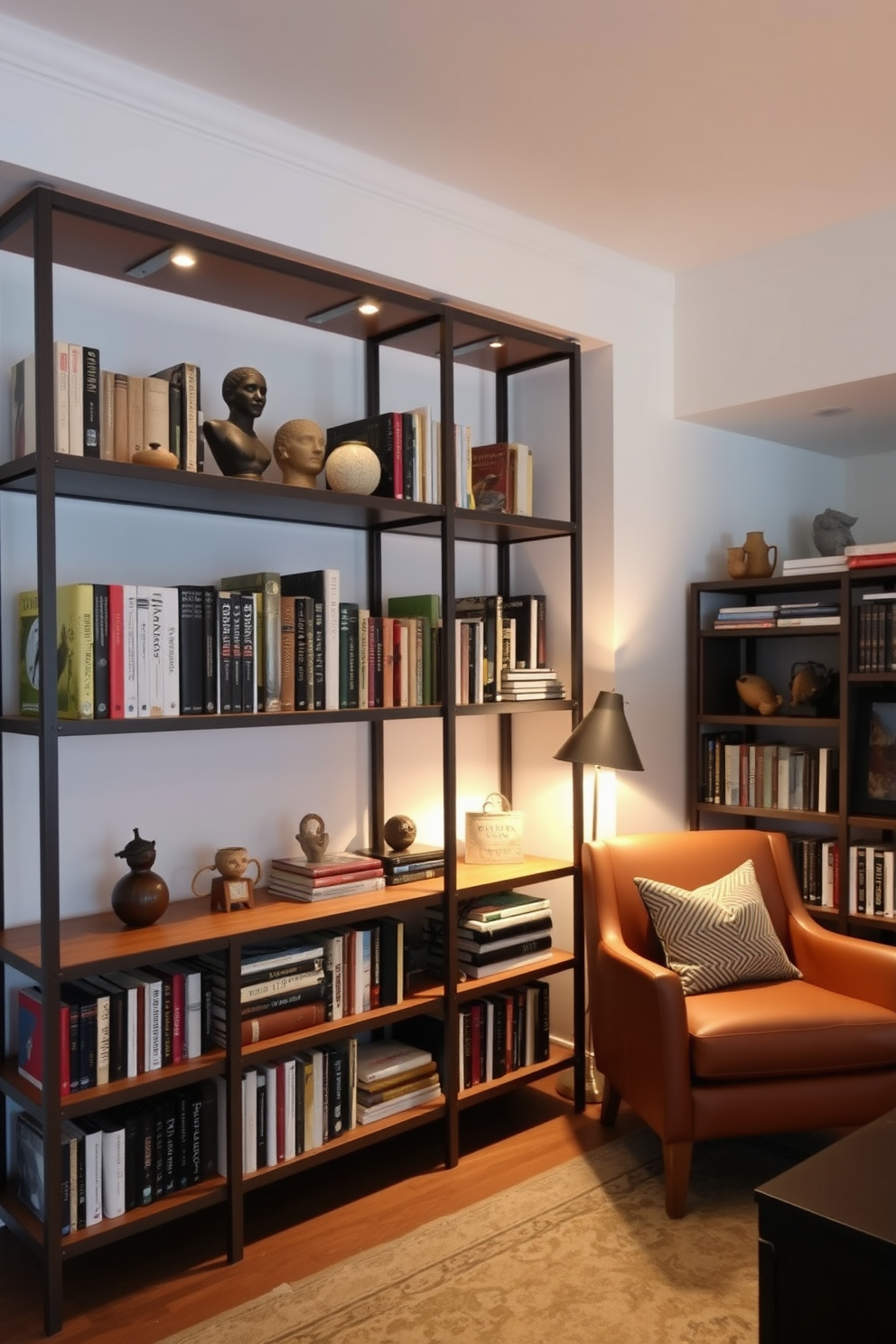 A modern home library featuring industrial-style bookshelves with metal accents. The shelves are filled with a curated selection of books and decorative objects, adding character to the space. Soft ambient lighting illuminates the room, creating a cozy atmosphere for reading. A comfortable armchair is positioned nearby, inviting relaxation and inspiration.