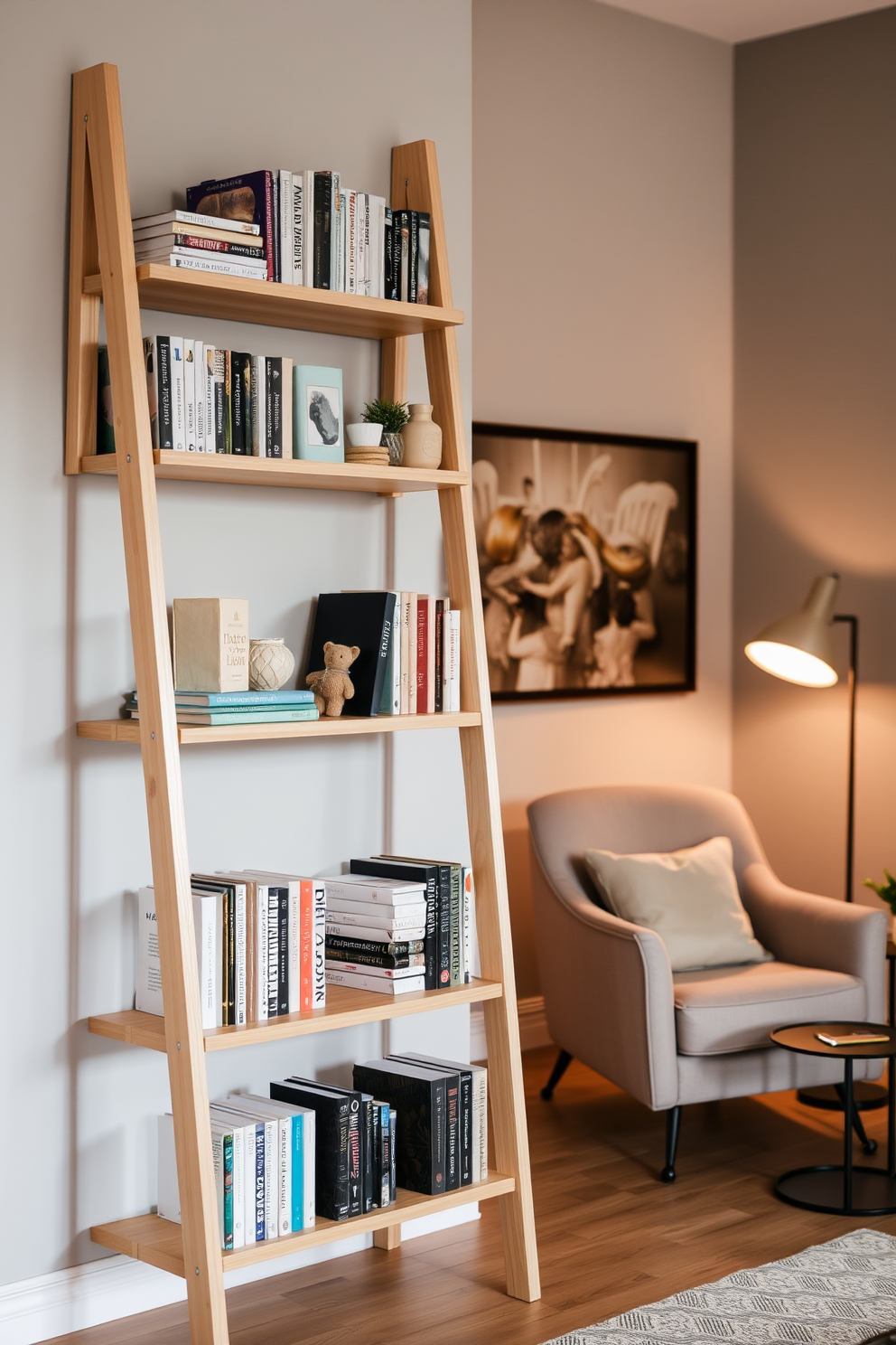 A ladder shelf stands against a wall, showcasing a collection of books and decorative items. The shelf is made of light wood, featuring a minimalist design that enhances the modern aesthetic of the room. In the background, a cozy reading nook is created with a plush armchair and a small side table. Soft lighting from a nearby floor lamp casts a warm glow, inviting relaxation and inspiring creativity in this stylish home library.