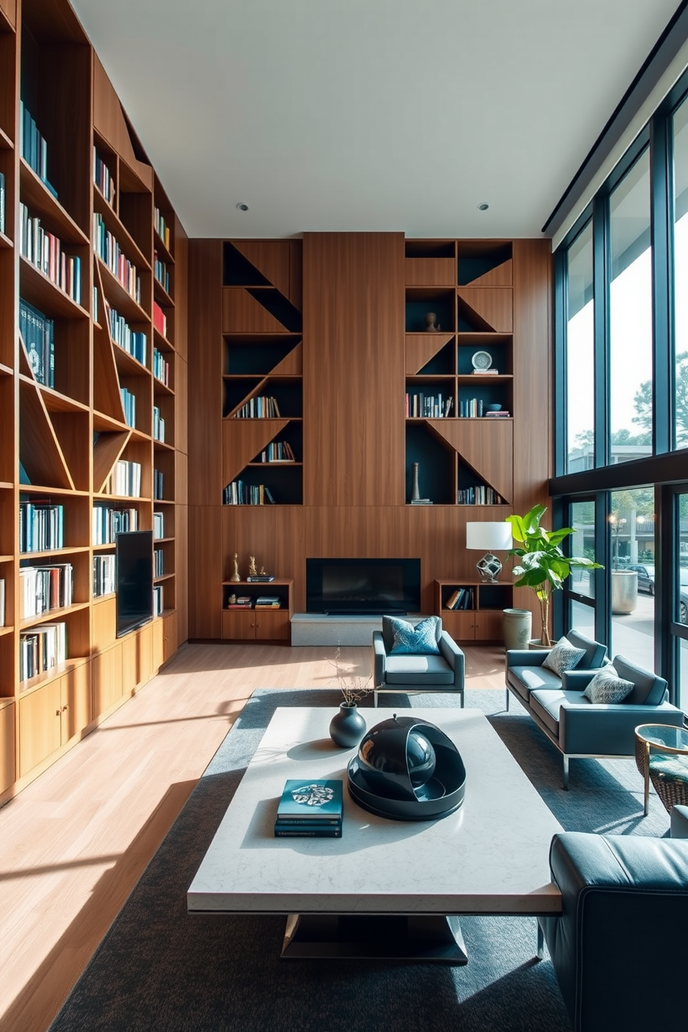 A modern home library features sleek bookshelves with geometric patterns that create a dynamic visual interest. The space is accented with contemporary seating and a minimalist coffee table that complements the overall design. Large windows allow natural light to flood the room, highlighting the geometric shapes in the decor. A rich color palette of deep blues and warm wood tones adds sophistication to the inviting atmosphere.