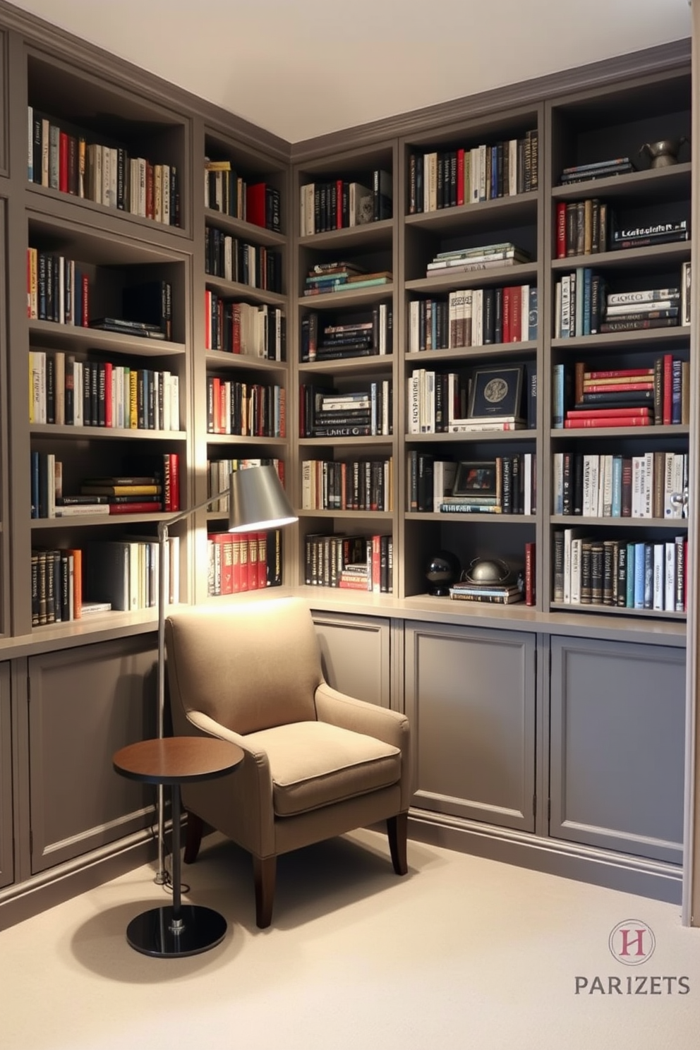 A compact corner library with built-in shelves that reach the ceiling, showcasing an array of books and decorative items. A cozy reading nook is nestled in the corner, featuring a plush armchair and a small side table, illuminated by a stylish floor lamp.