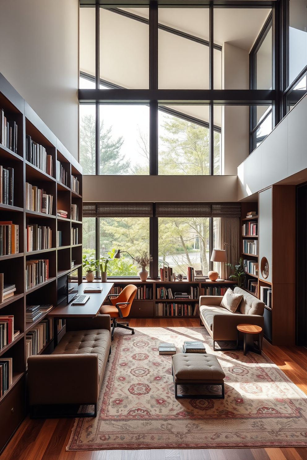 A modern home library featuring a soft neutral color palette that promotes tranquility. The walls are painted in a warm beige, complemented by a plush cream-colored rug on the hardwood floor. Floor-to-ceiling bookshelves made of light wood line one side of the room, filled with an array of books and decorative items. A cozy reading nook with a comfortable armchair and a small side table is positioned near a large window, allowing natural light to flood the space.