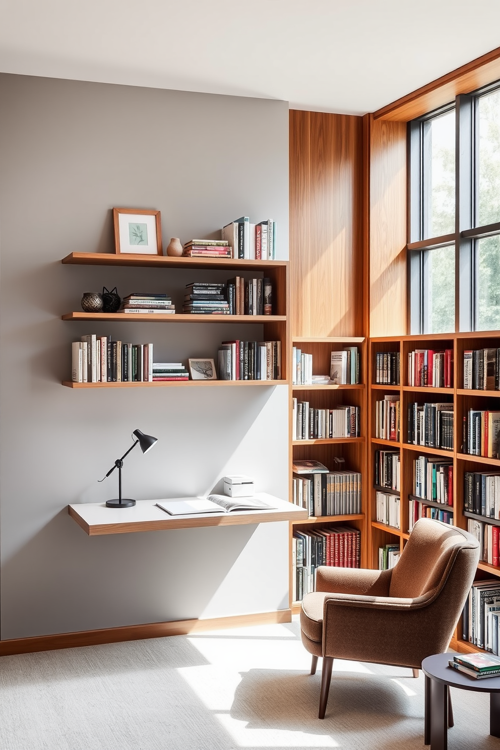 A wall-mounted desk with clean lines and a minimalist design is positioned against a soft gray wall. Above the desk, floating shelves hold an array of books and decorative items, creating an organized and inspiring workspace. The modern home library features large windows that allow natural light to flood the space, enhancing the warm wood tones of the built-in bookshelves. A cozy reading nook with a plush armchair and a small side table invites relaxation amidst the curated collection of literature.