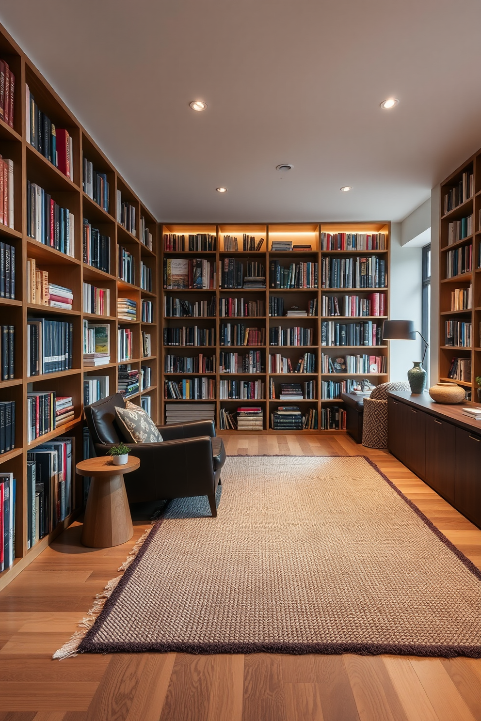 A cozy corner library designed for small spaces. It features built-in shelves that maximize vertical storage, adorned with a mix of books and decorative items. The seating area includes a comfortable armchair with a soft throw blanket. Warm lighting from a stylish floor lamp creates an inviting reading nook.