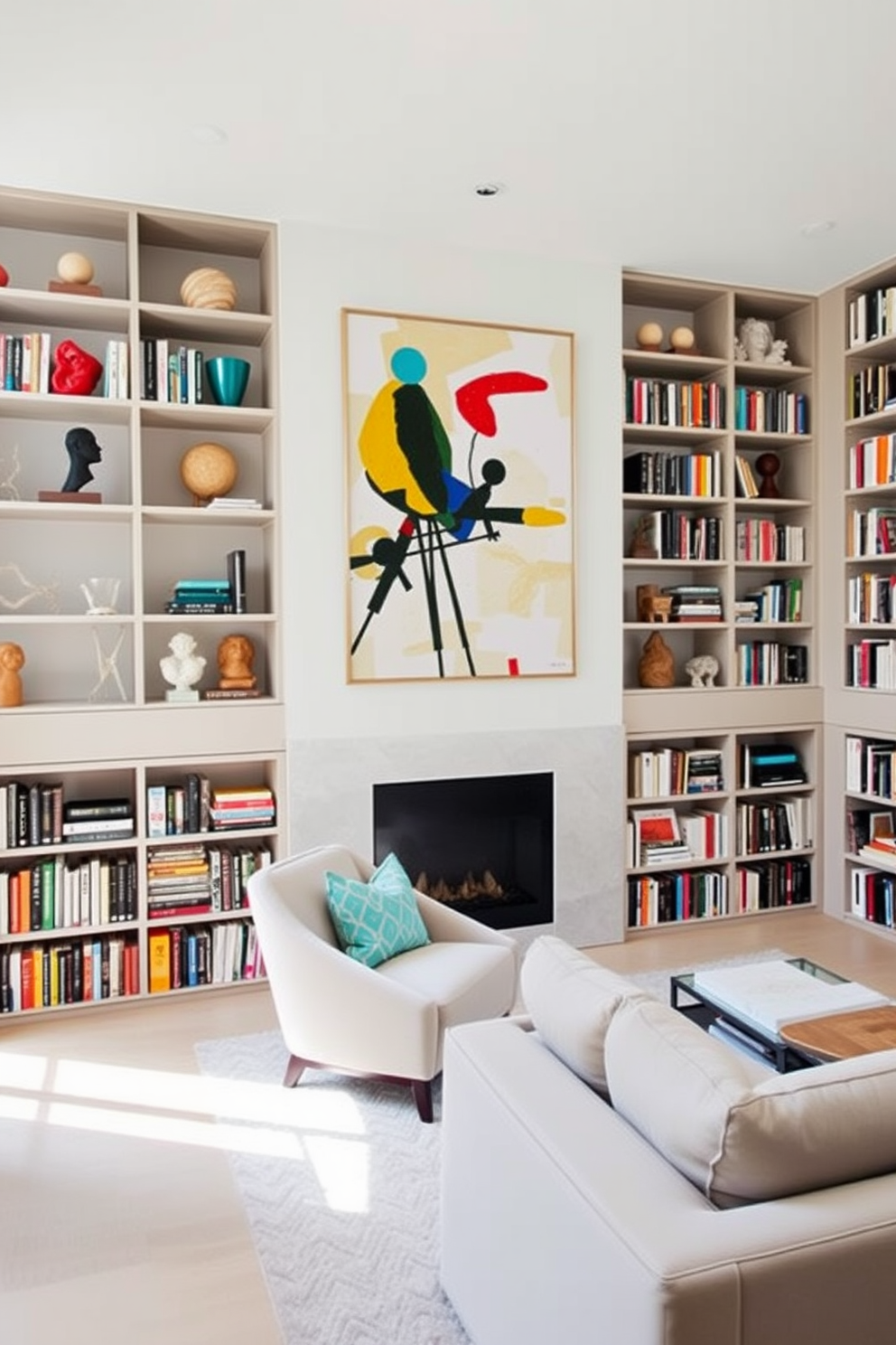 A contemporary home library featuring sleek built-in shelves filled with an array of colorful art books and unique sculptures. A large abstract painting hangs on the wall, providing a striking focal point that enhances the modern aesthetic of the space. The library is designed with comfortable seating options, including a plush armchair and a minimalist sofa in neutral tones. Large windows allow natural light to flood the room, creating a warm and inviting atmosphere perfect for reading and relaxation.