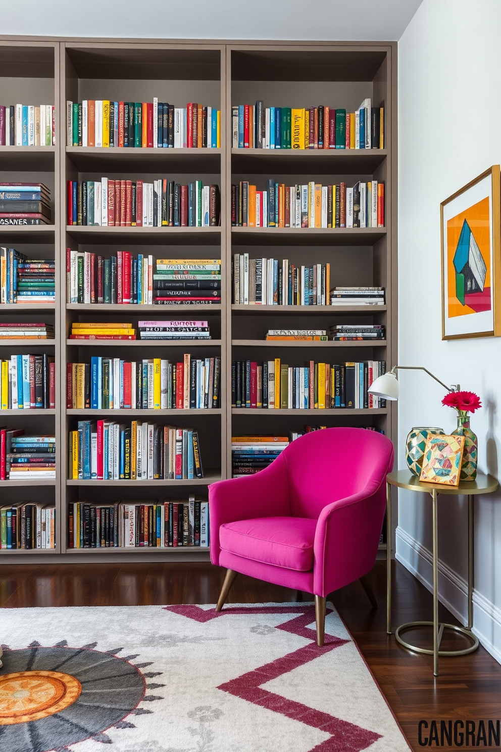 A modern home library featuring smart technology integration for convenience. The space includes built-in bookshelves with adjustable lighting and a sleek desk equipped with a voice-activated assistant. Comfortable seating is arranged around a central coffee table, with a large window allowing natural light to flood the room. The decor combines contemporary art pieces and lush indoor plants to create an inviting atmosphere.