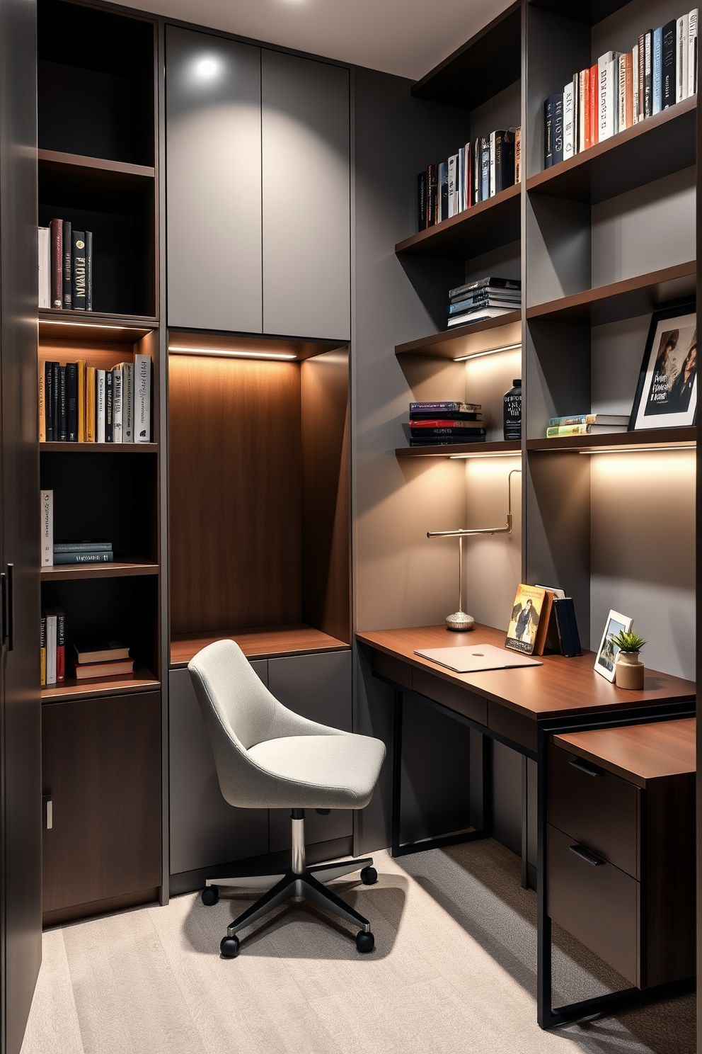 Textured wall panels create a striking backdrop for a modern home library. The space features sleek bookshelves that reach the ceiling, filled with an array of books and decorative objects. A comfortable reading nook is nestled in the corner, complete with a plush armchair and a small side table. Soft, ambient lighting highlights the textures of the wall panels, creating a warm and inviting atmosphere.