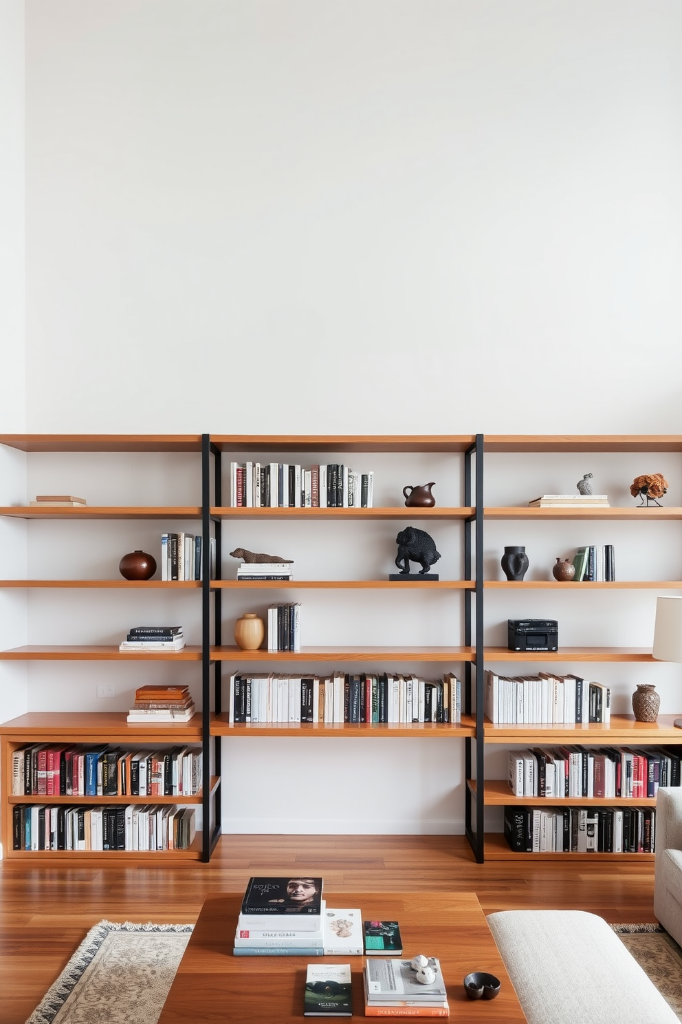 Floating shelves in a modern home library create a sleek and inviting atmosphere. The ambient lighting accentuates the books and decorative items, providing a warm glow that enhances the overall aesthetic.