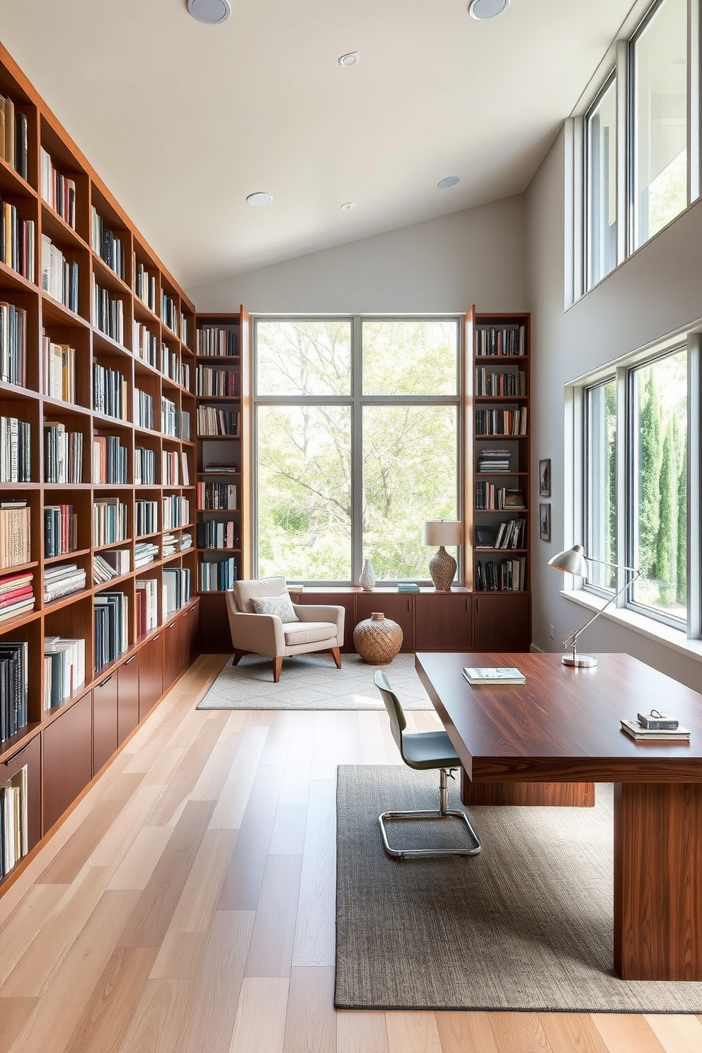 A modern home library with an open floor plan that emphasizes spaciousness. The room features floor-to-ceiling bookshelves filled with a curated collection of books, complemented by a large, comfortable reading chair in a cozy nook. Natural light floods the space through large windows, creating a bright and inviting atmosphere. A sleek wooden desk sits near the window, providing a perfect workspace with stylish decor accents.