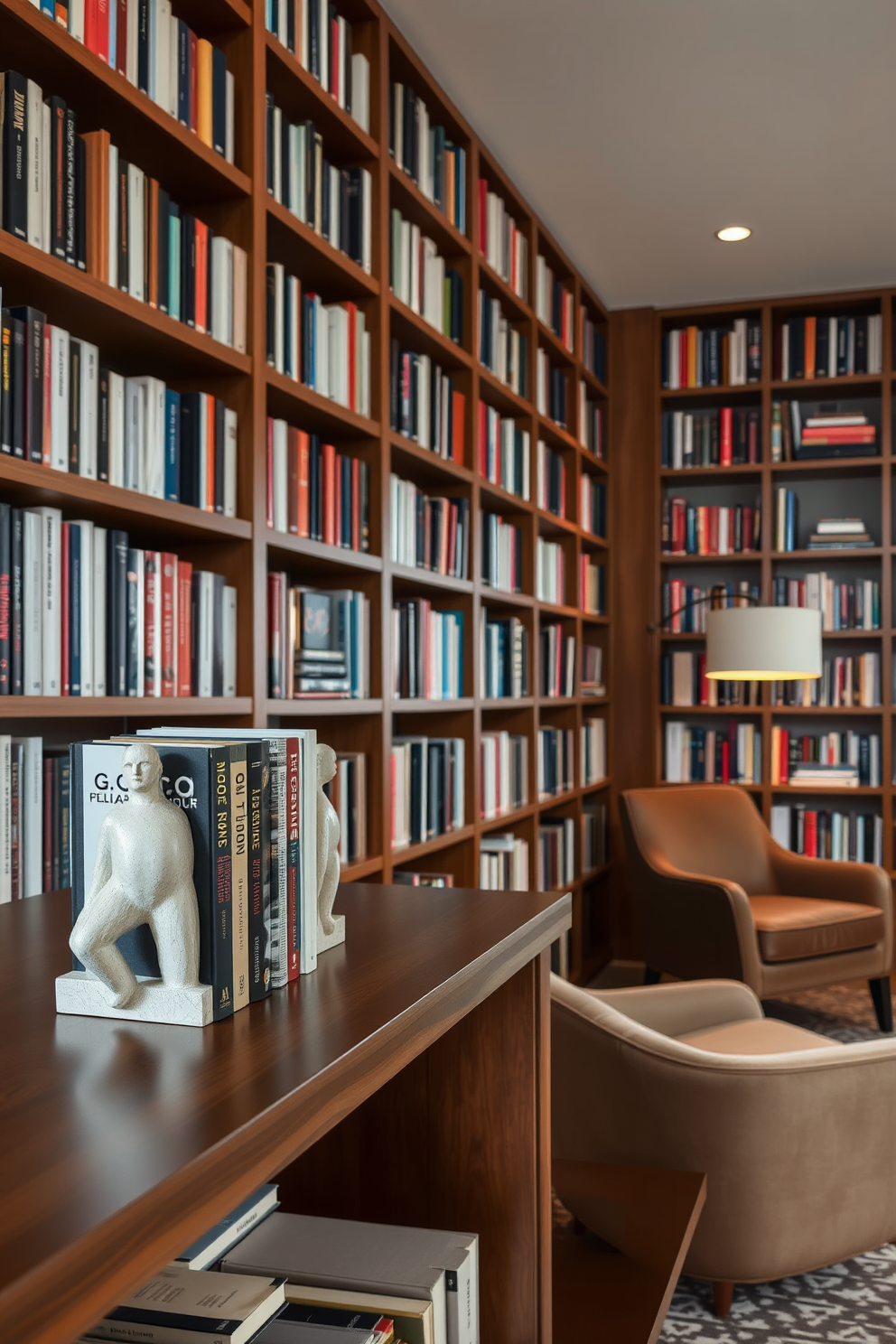 Unique bookends for personality. A pair of artistic bookends in the shape of abstract sculptures stands proudly on a sleek wooden shelf. Modern home library design ideas. The library features floor-to-ceiling bookshelves filled with a curated collection of books, complemented by a cozy reading nook with a plush armchair and a stylish floor lamp.