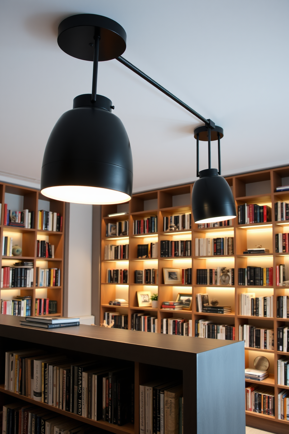 A stylish ladder is positioned against a wall of high shelves filled with books and decorative items. The ladder features a sleek wooden design with a natural finish, complementing the warm tones of the surrounding library. The modern home library boasts a contemporary aesthetic with plush seating and ample natural light. Large windows frame the space, while minimalist shelving units display a curated selection of literature and art.