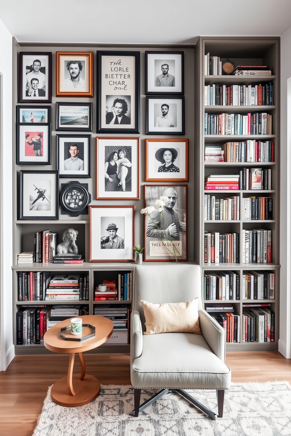 A personalized gallery wall features an eclectic mix of framed photos and artwork, showcasing cherished memories and artistic expressions. The arrangement is thoughtfully curated, with varying frame sizes and styles that create a visually engaging focal point in the room. The modern home library is designed with sleek built-in bookshelves that stretch from floor to ceiling, filled with an array of books and decorative items. A cozy reading nook is positioned by a large window, featuring a comfortable armchair and a small side table for beverages.