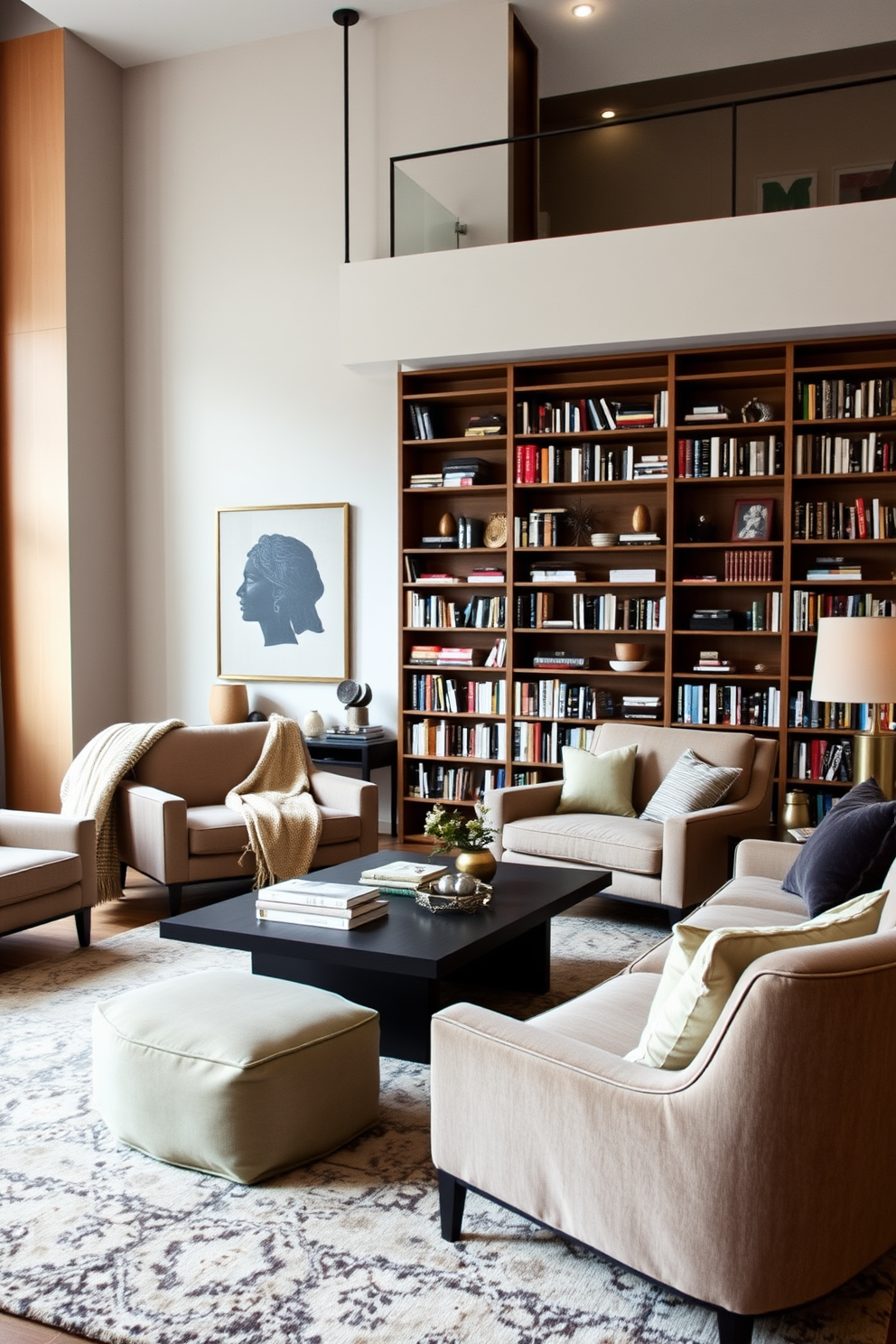 A modern home library featuring soft textiles that create an inviting atmosphere. Plush armchairs are arranged around a sleek coffee table, with a cozy throw draped over one chair. Floor-to-ceiling bookshelves line the walls, filled with an eclectic mix of books and decorative items. A large area rug adds warmth to the space, while soft lighting highlights the comfortable reading nooks.