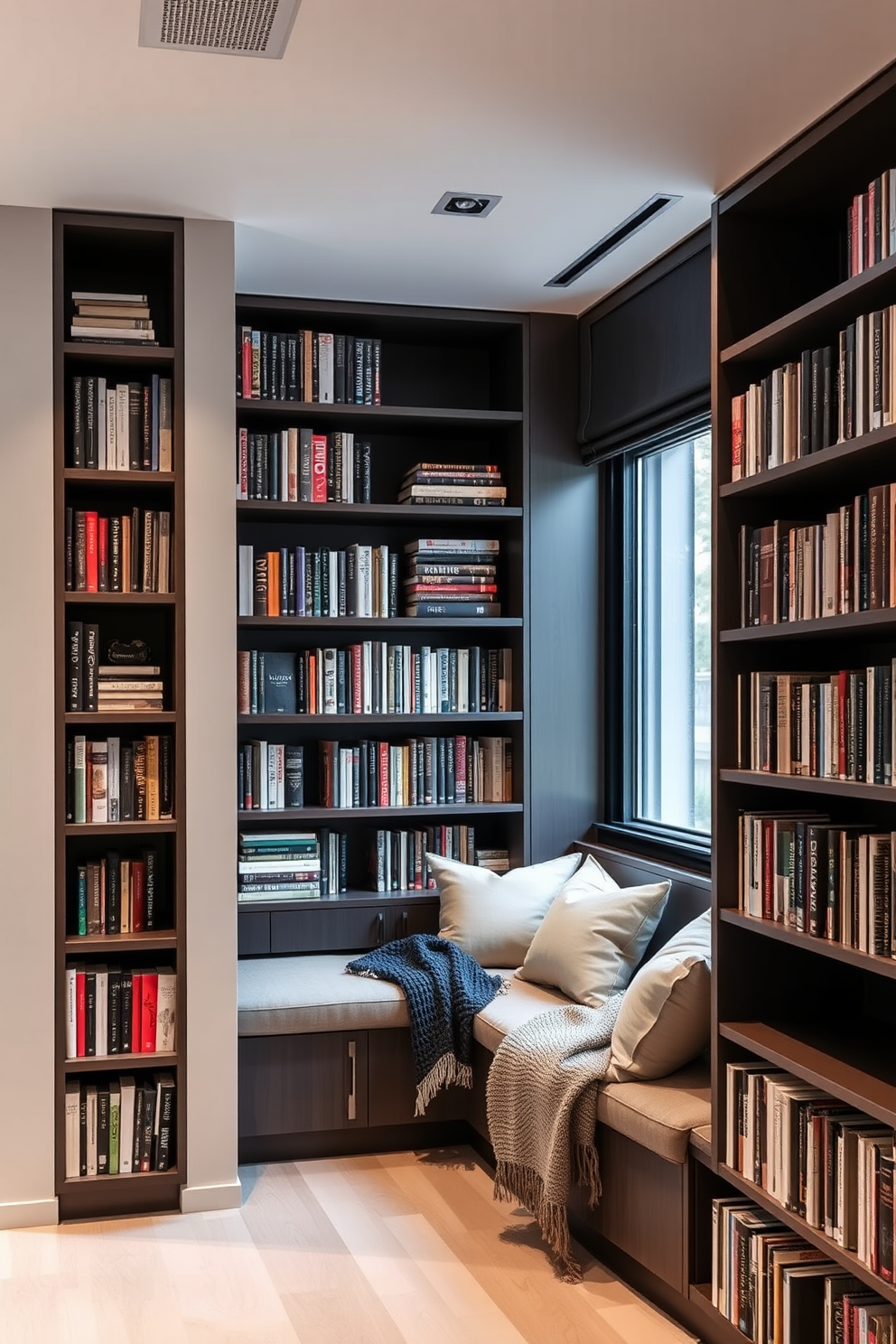 A minimalist home library features sleek built-in shelves that stretch from floor to ceiling, showcasing a curated collection of books and decorative objects. A comfortable reading nook is created with a low-profile armchair and a small side table, all in neutral tones to maintain a serene atmosphere. The large windows allow natural light to flood the space, highlighting the simplicity of the design. A soft area rug adds warmth underfoot while maintaining the clean aesthetic of the room.