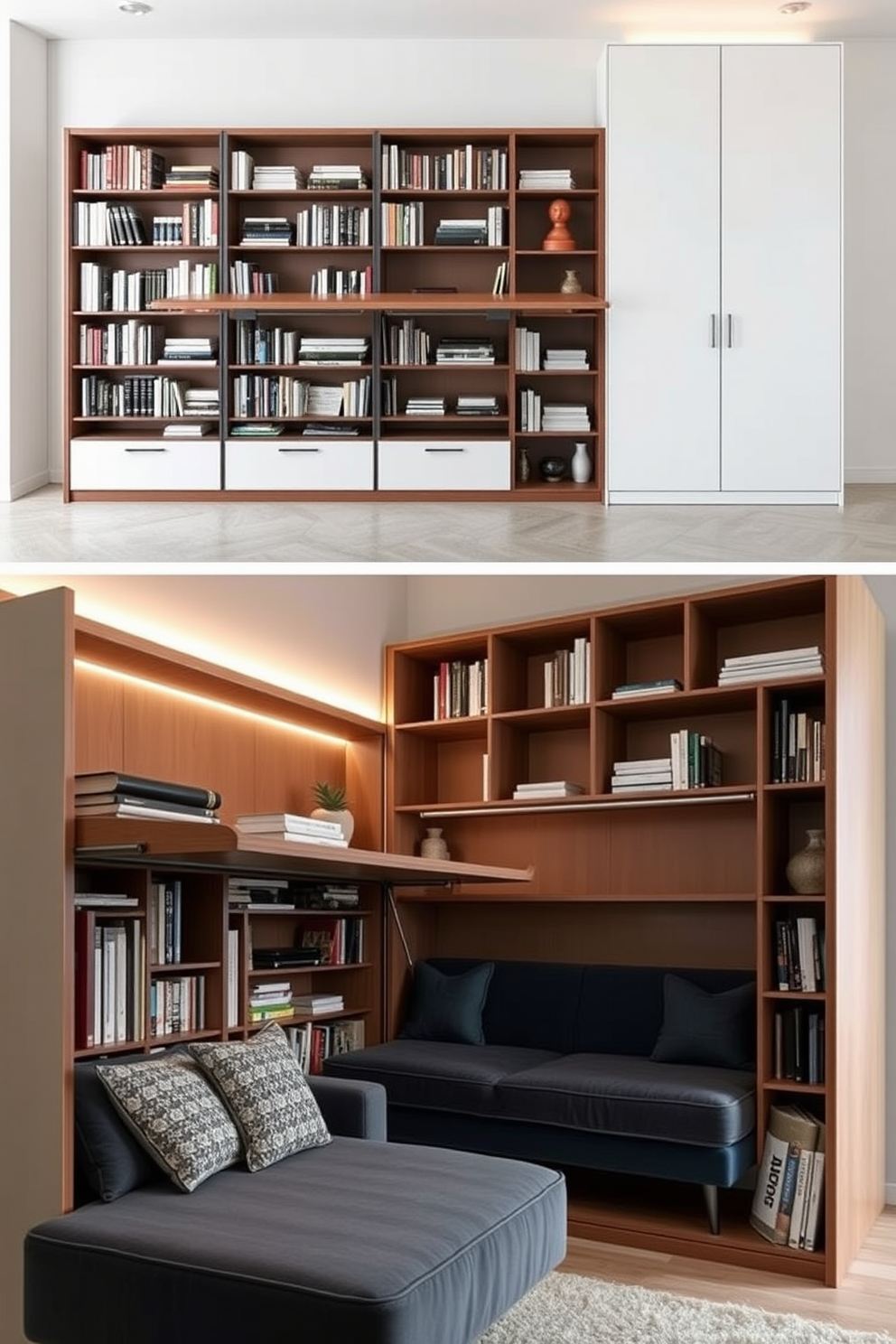 A modern home library featuring transformable furniture that adapts to various needs. The space includes a sleek bookshelf that doubles as a fold-out desk and a cozy reading nook with a convertible sofa bed.