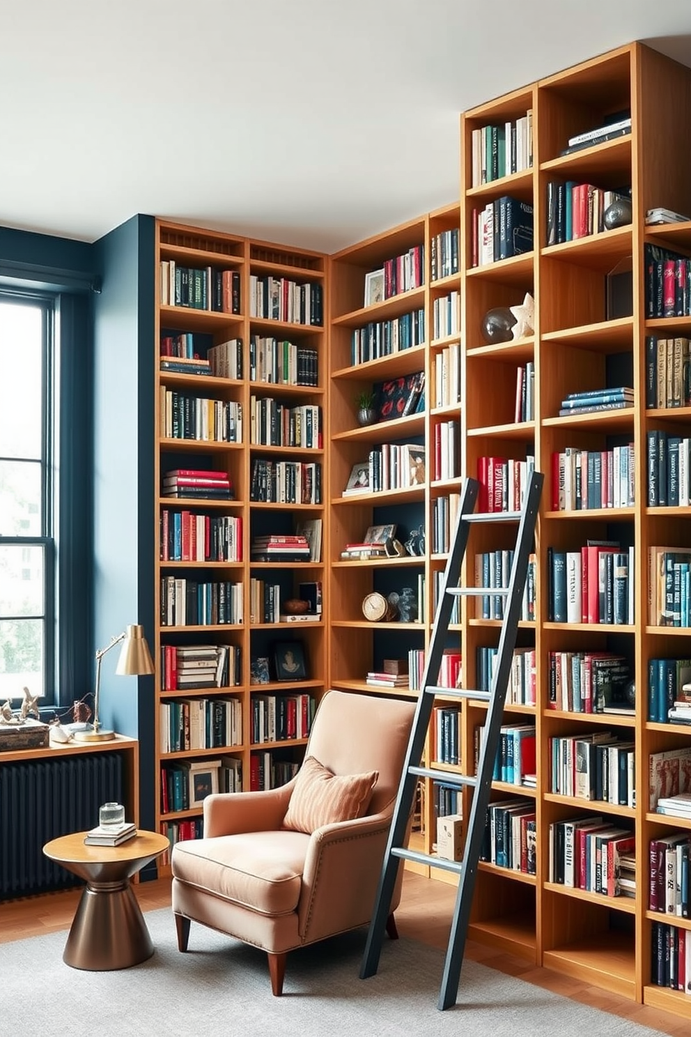 A modern home library featuring hidden storage compartments seamlessly integrated into the design. The shelves are filled with books, and a cozy reading nook is created with a plush armchair and soft lighting.