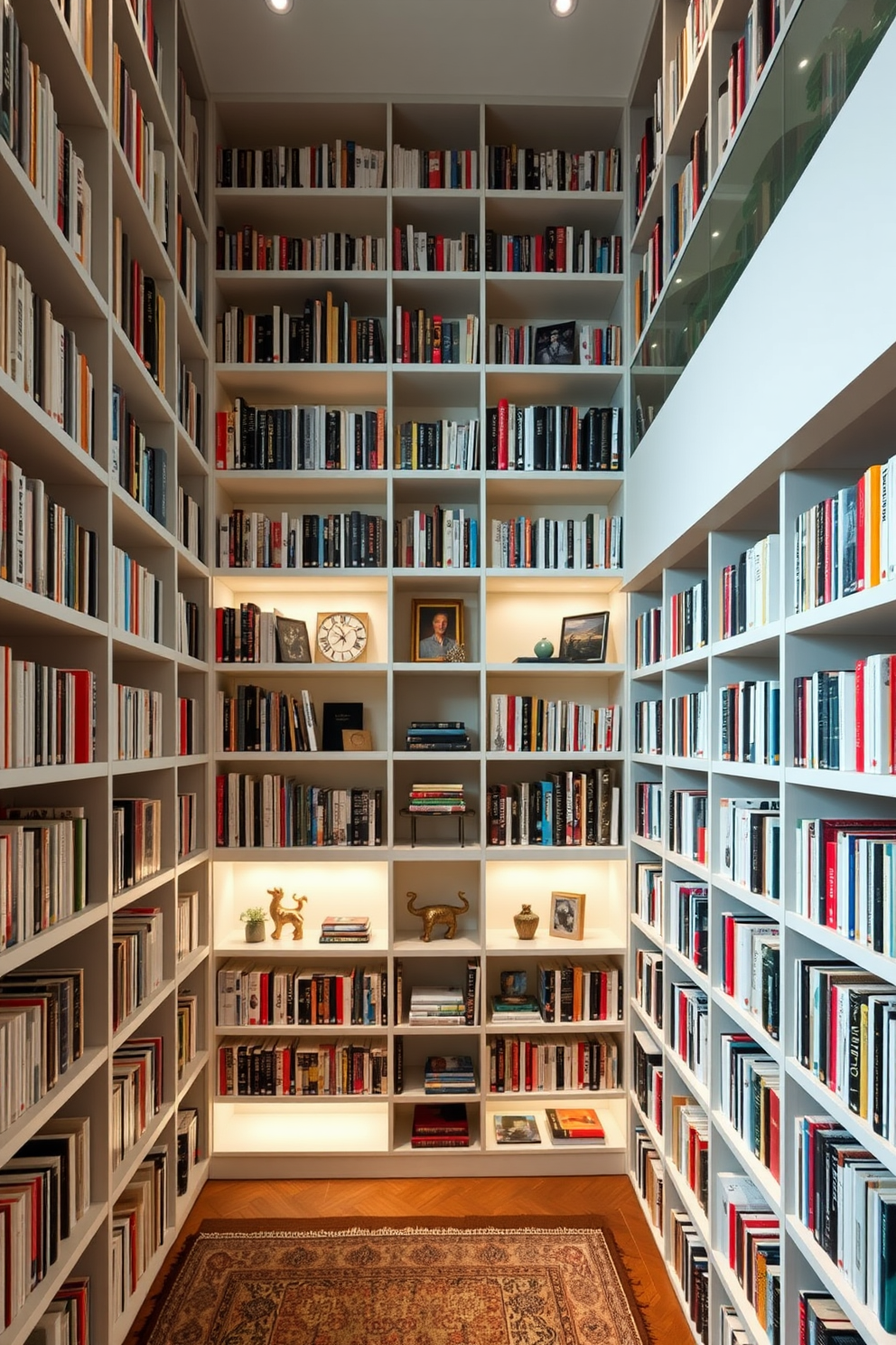 A modern home library featuring colorful book displays that create a vibrant visual appeal. The shelves are filled with books in various hues, arranged both horizontally and vertically for an artistic touch. A cozy reading nook is integrated into the design, complete with a plush armchair and a small side table. Soft lighting illuminates the space, highlighting the colorful spines of the books and inviting relaxation.