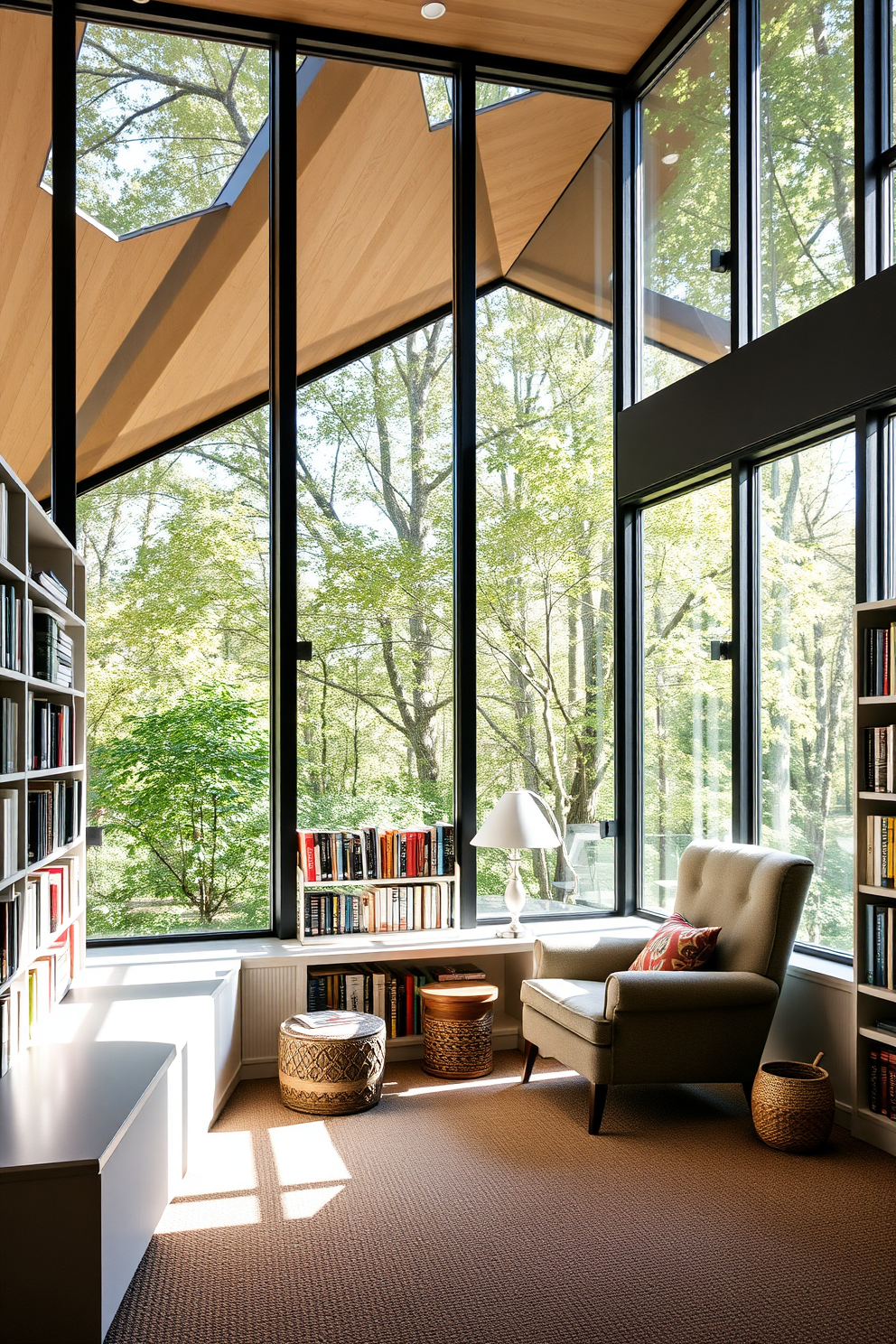 A modern home library featuring a bold accent wall painted in deep navy blue that contrasts beautifully with the lighter gray bookshelves. Cozy reading nooks are created with plush armchairs in vibrant yellow, surrounded by warm ambient lighting from stylish floor lamps.