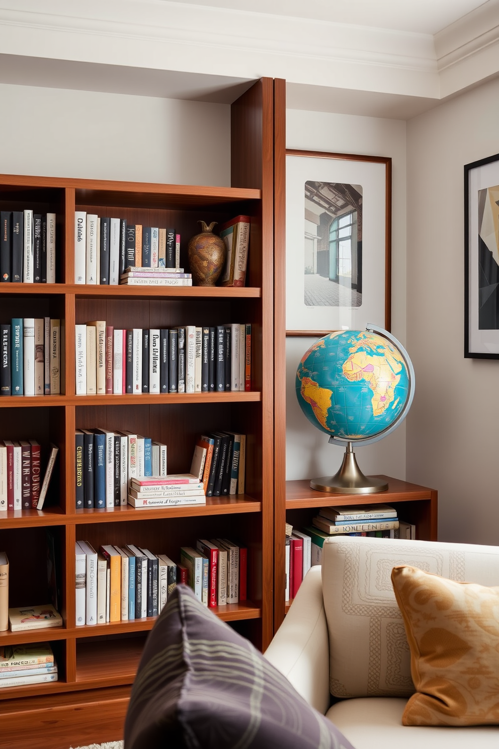 A modern home library featuring contemporary furniture with sleek designs. The space includes a minimalist bookshelf filled with books and decorative items, complemented by a comfortable reading chair in a neutral fabric.