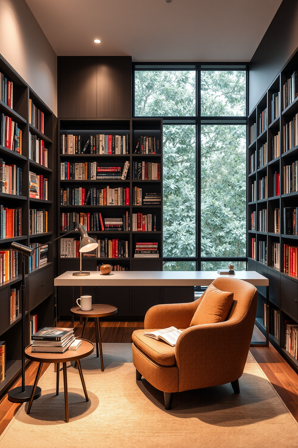 Cozy reading nook with an oversized armchair upholstered in soft fabric. A small side table holds a steaming cup of tea and a stack of books, while a floor lamp casts a warm glow over the space. Modern home library design features sleek, built-in bookshelves filled with colorful books. A minimalist desk with a stylish chair sits in the corner, complemented by large windows that let in natural light.