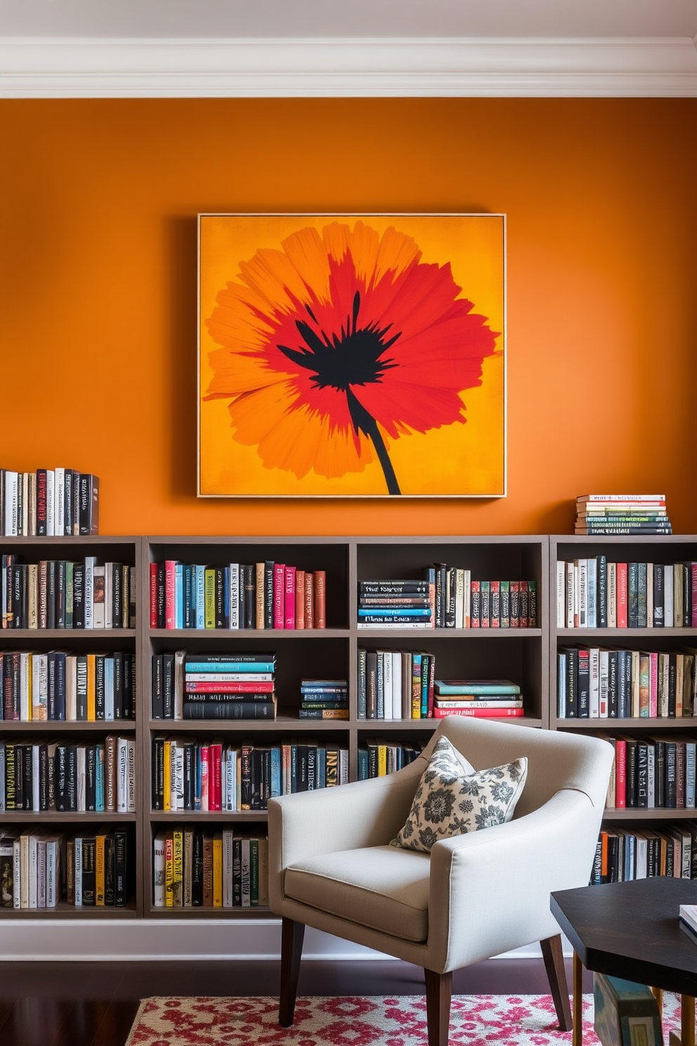 A modern home library features a bold accent wall adorned with a large, vibrant piece of artwork that draws the eye. The shelves are filled with books of various sizes, and a comfortable reading nook is created with a plush armchair and a small side table.