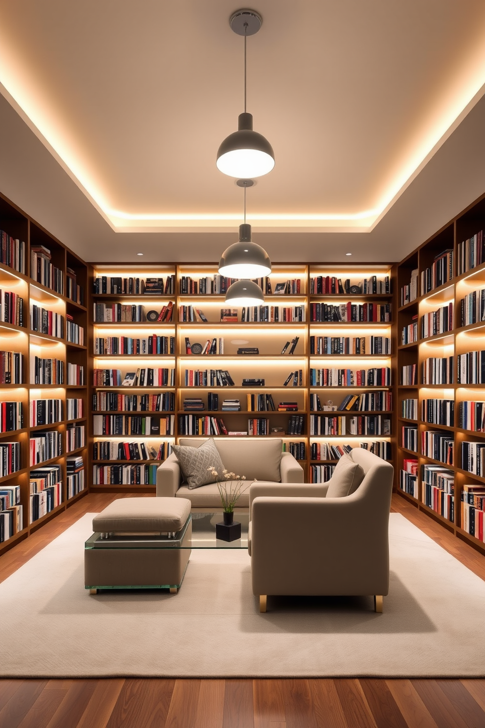 A cozy home library featuring an integrated desk space for work and reading. The room is filled with floor-to-ceiling bookshelves that showcase a variety of books and decorative items. A large, sleek desk sits against a window, allowing natural light to illuminate the workspace. Plush seating options, such as a comfortable armchair and a small sofa, invite relaxation and reading.