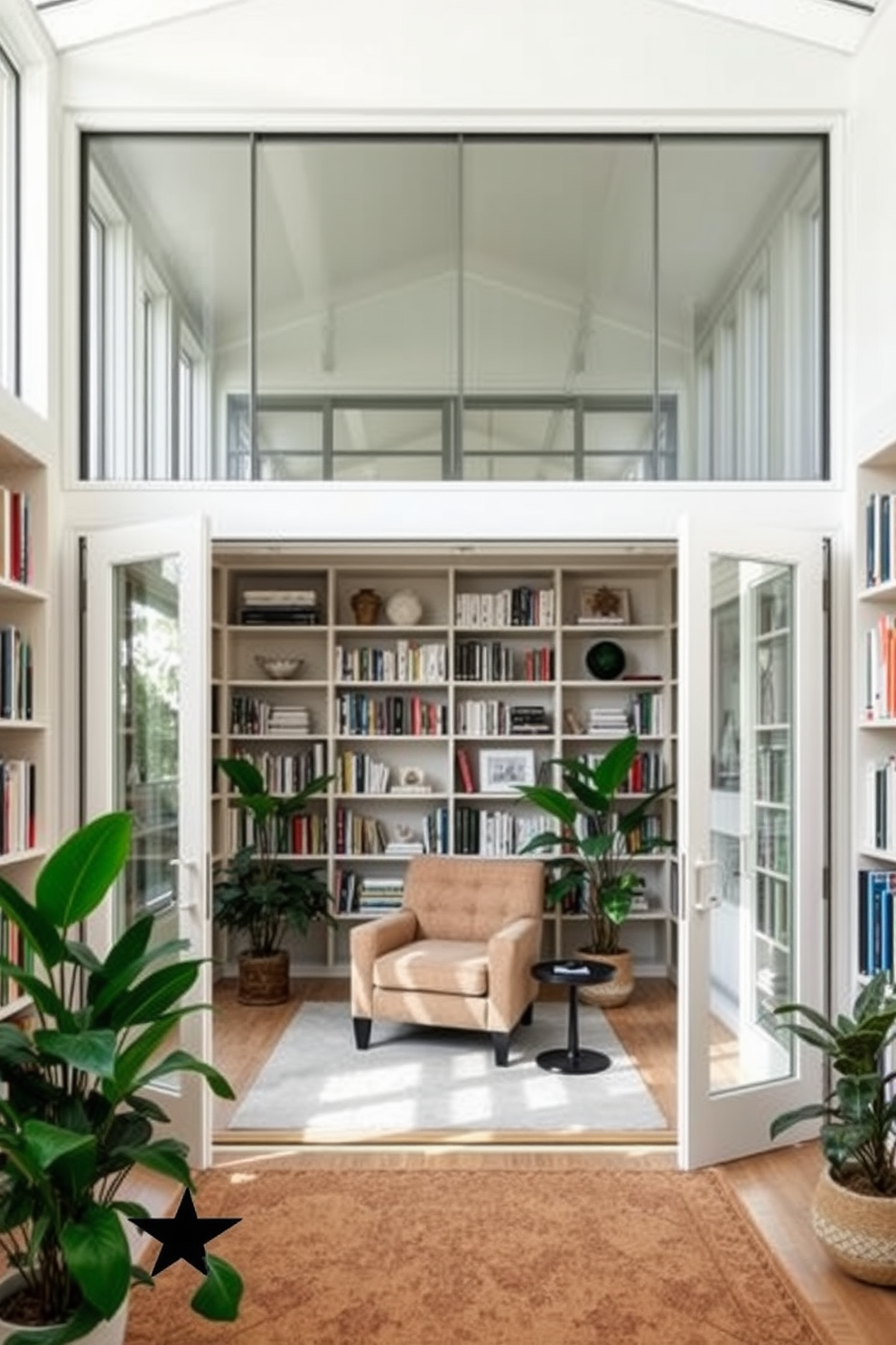 A modern home library with large glass doors that allow natural light to flood the space. The walls are lined with floor-to-ceiling bookshelves filled with a curated selection of books and decorative items. A cozy reading nook is created with a plush armchair and a small side table. The color palette features soft neutrals with pops of green from indoor plants strategically placed around the room.